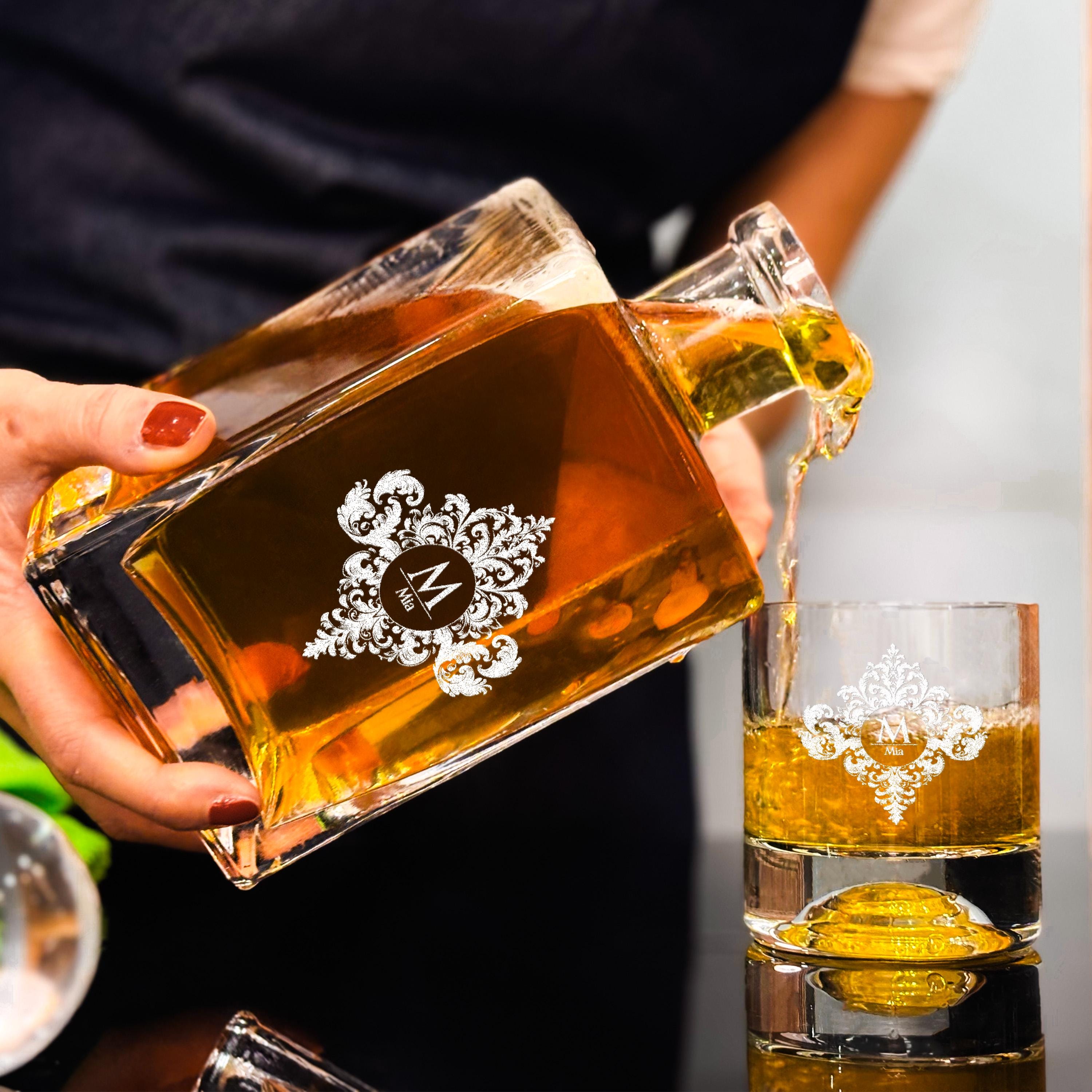 Custom engraved wedding whiskey and bourbon glasses with decanter set styled as an elegant gift with wood box option