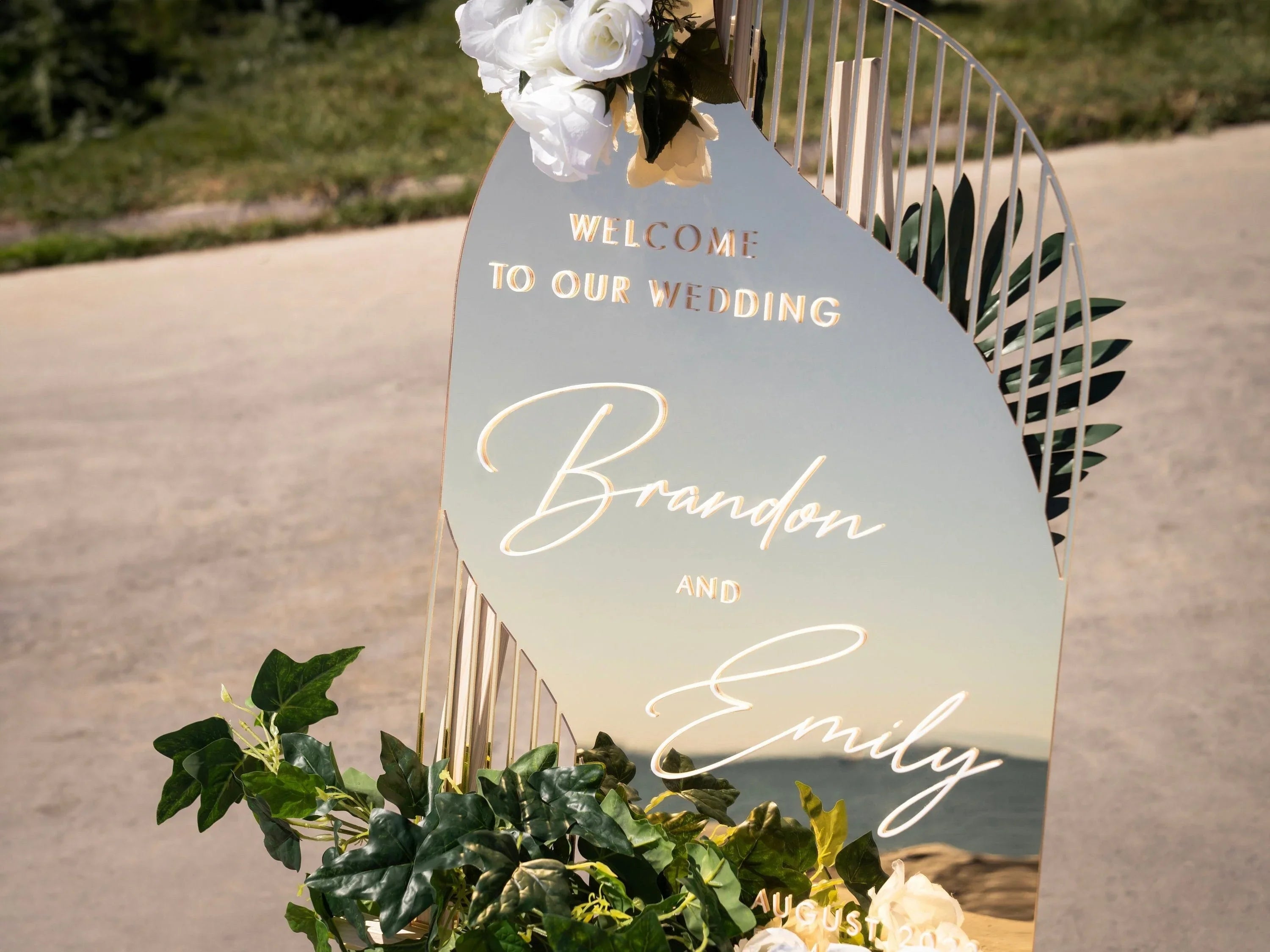 Customizable Gold Mirror Acrylic Wedding Welcome Sign in Boho Style and Cut Out Layers with White 3D Letters