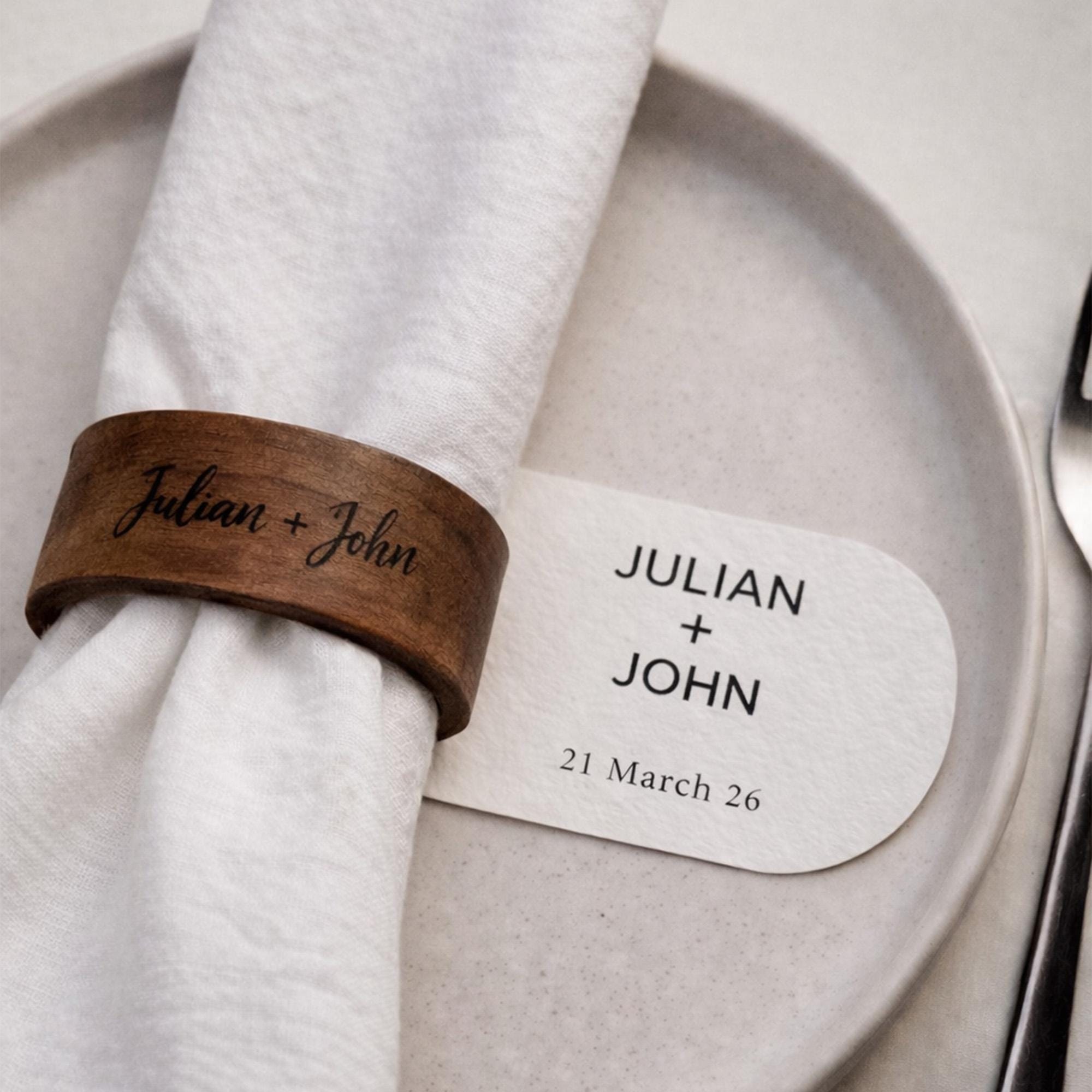 Personalized wooden napkin rings for wedding table decor, custom engraved napkin holders for reception tables