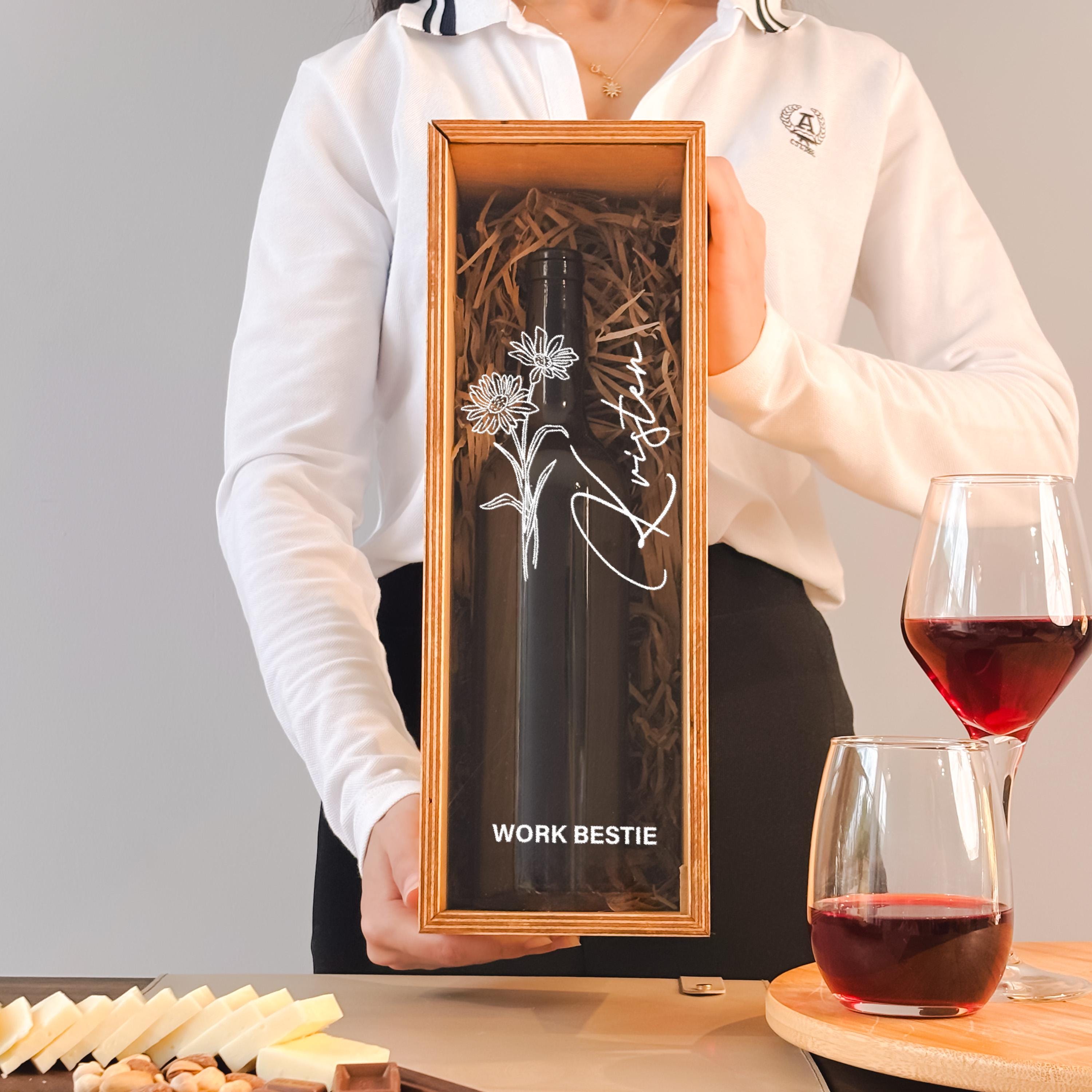 Personalized Wine Box Wooden Wine Box Engraved Bottle Holder Gift for Coworker