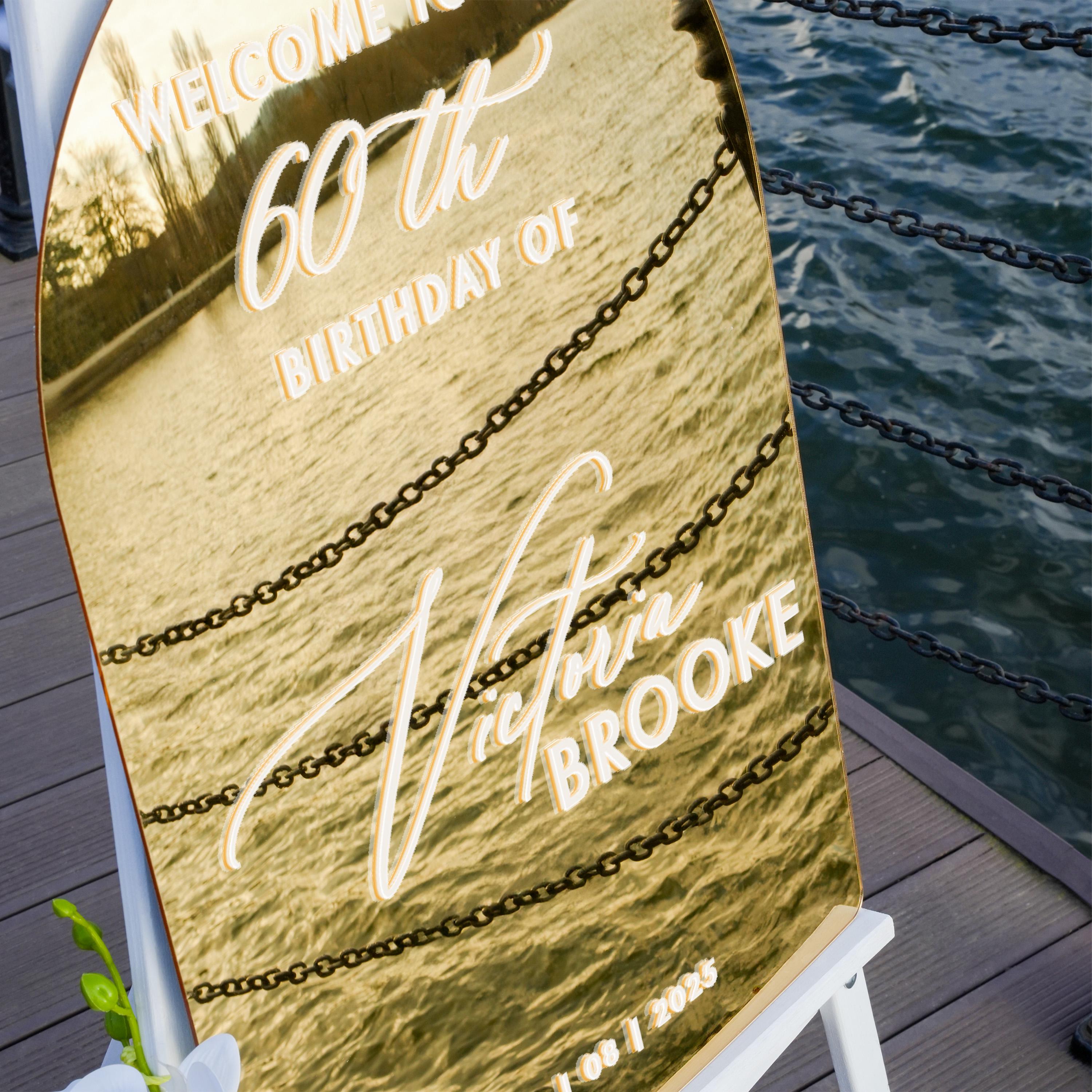 a sign that reads "Welcome to 60th Birthday of Victoria Brooke" with a reflection of the sign in water.