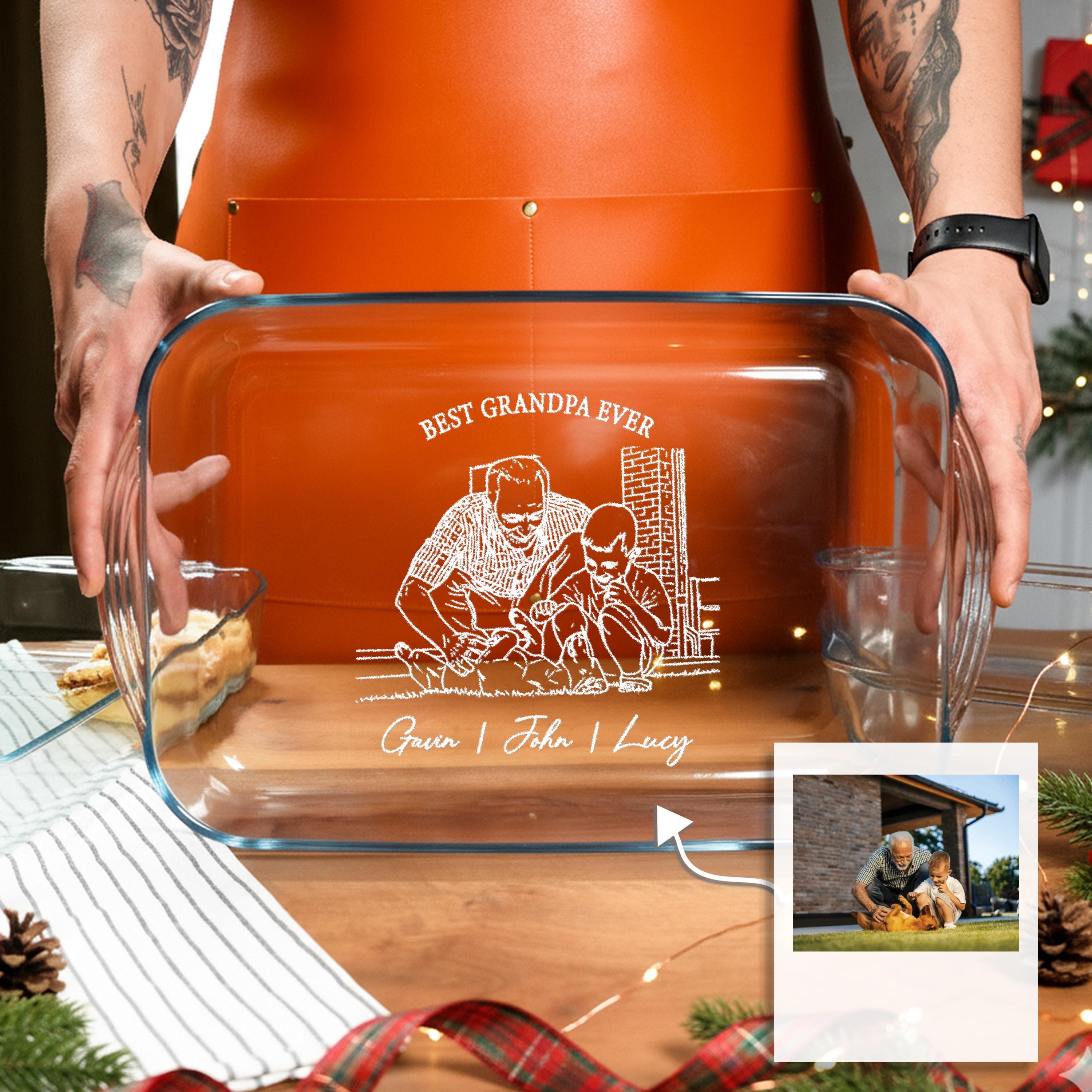 Engraved Glass Casserole Personalized Baking Pan Grandpa Photo Gift Family Heirloom