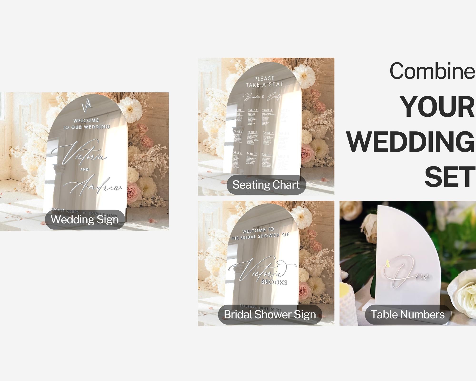 a set of three wedding signs with flowers in the background