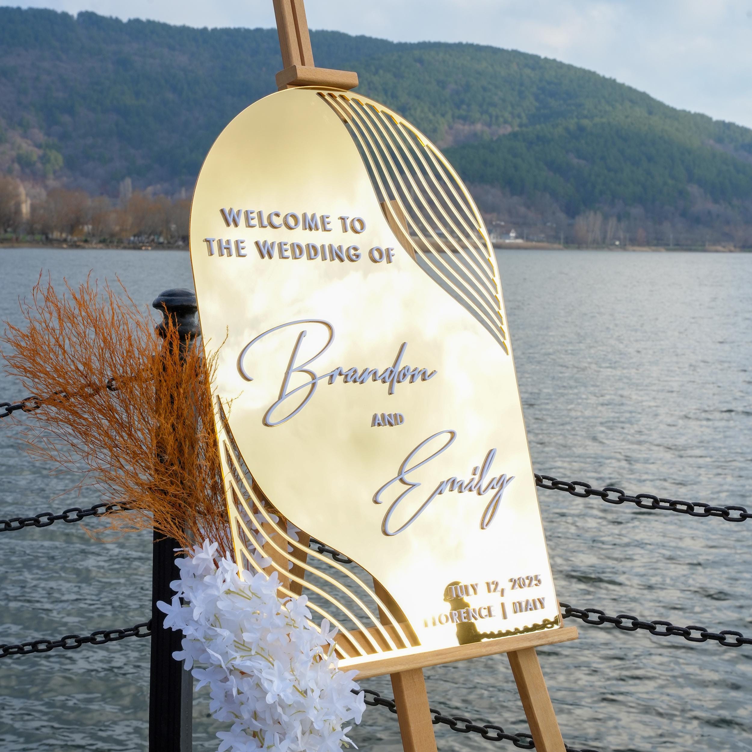 elegant boho gold acrylic wedding welcome sign mirror.