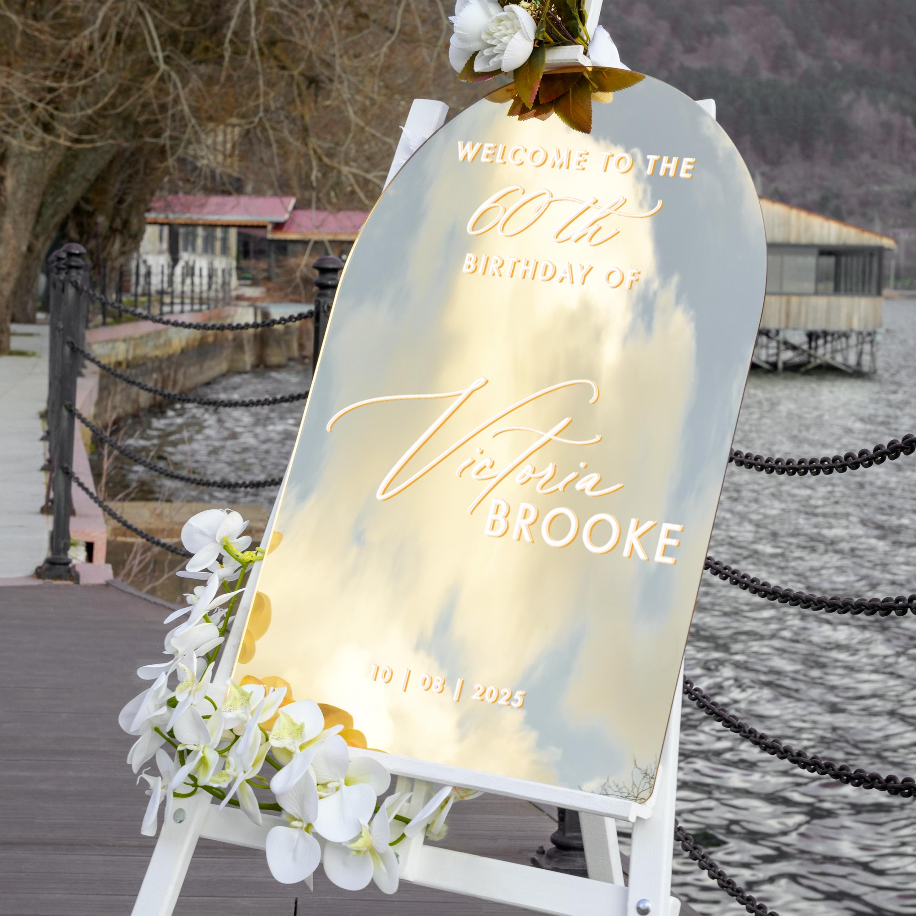 a sign that reads "Welcome to the 60th Birthday of Victoria Brooke" with a floral decoration on the left side.