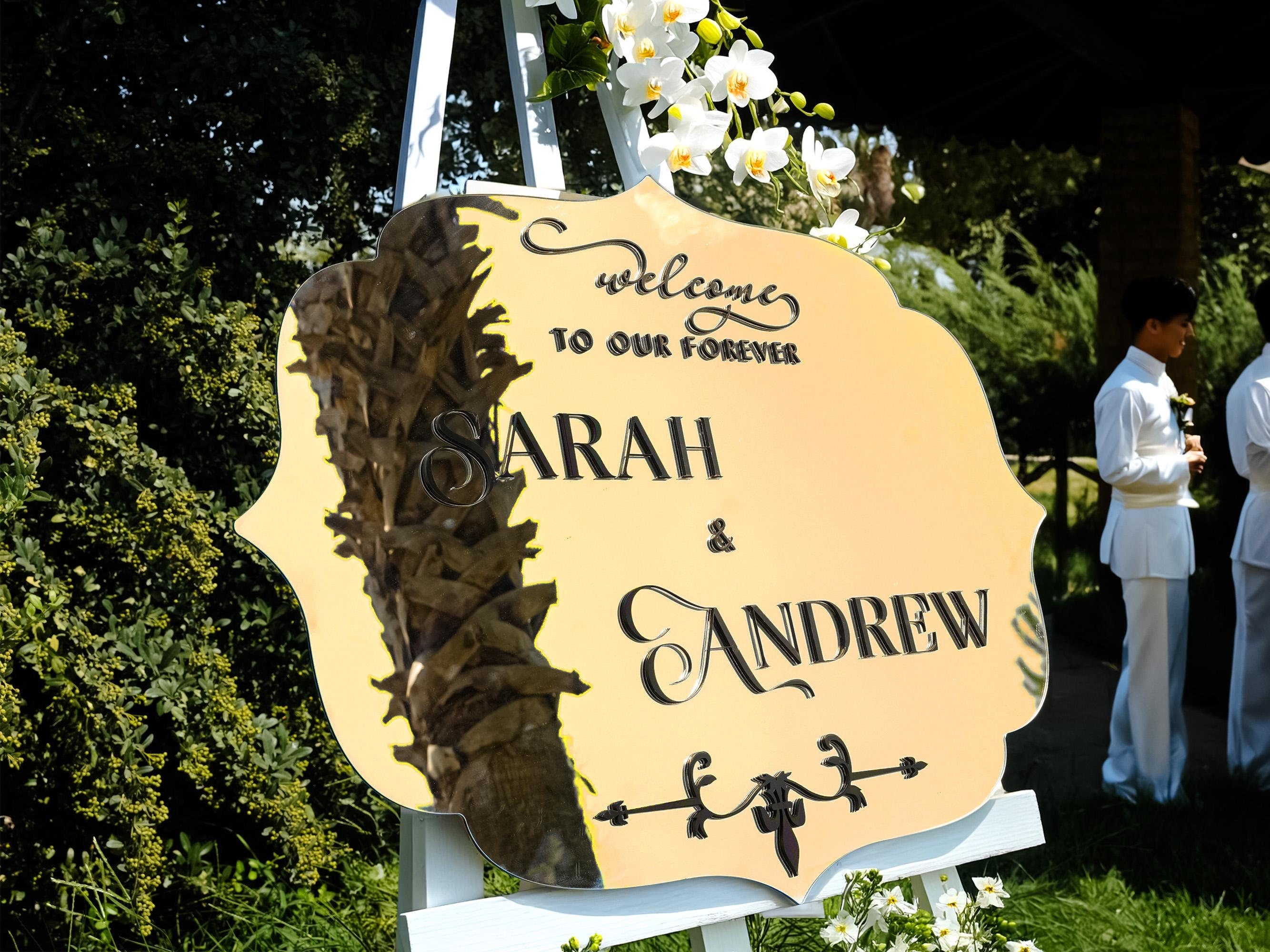 Gothic Gold Mirror Wedding Welcome Sign, Church Wedding Sign, Classical Period Engagement Sign with Black Text