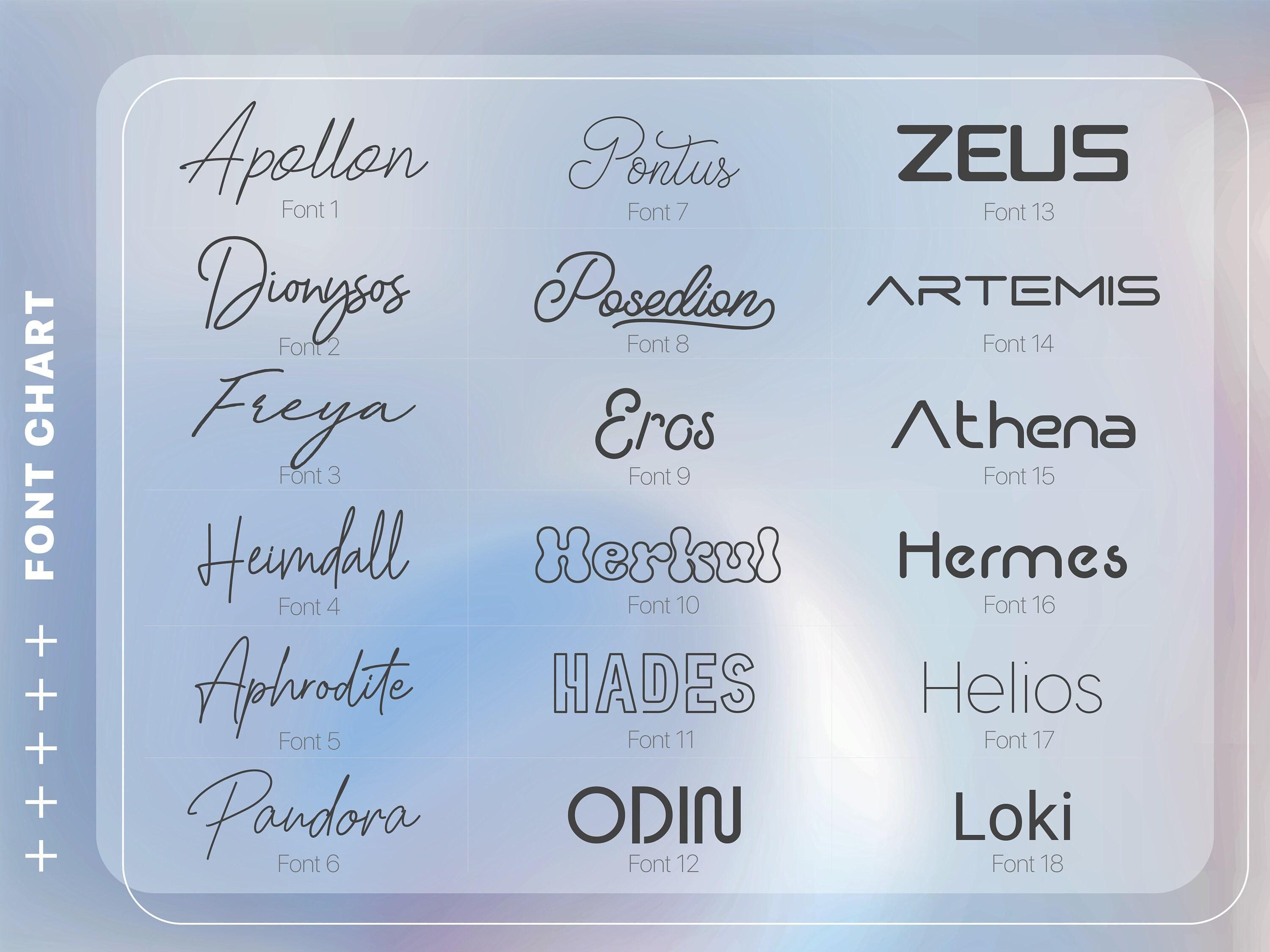 a collection of various font names and styles, including "Apollon", "Pantius", "Zeus", "Dionysos", "Freya", "Eros", "Athena", "Heimdall", "Herkul", "Hades", "Helios", "PANDORA", "ODIN", and "Loki". These font names are presented in a chart format, with each font type listed under a corresponding number. The font names are diverse and include both English and Latin-based styles.