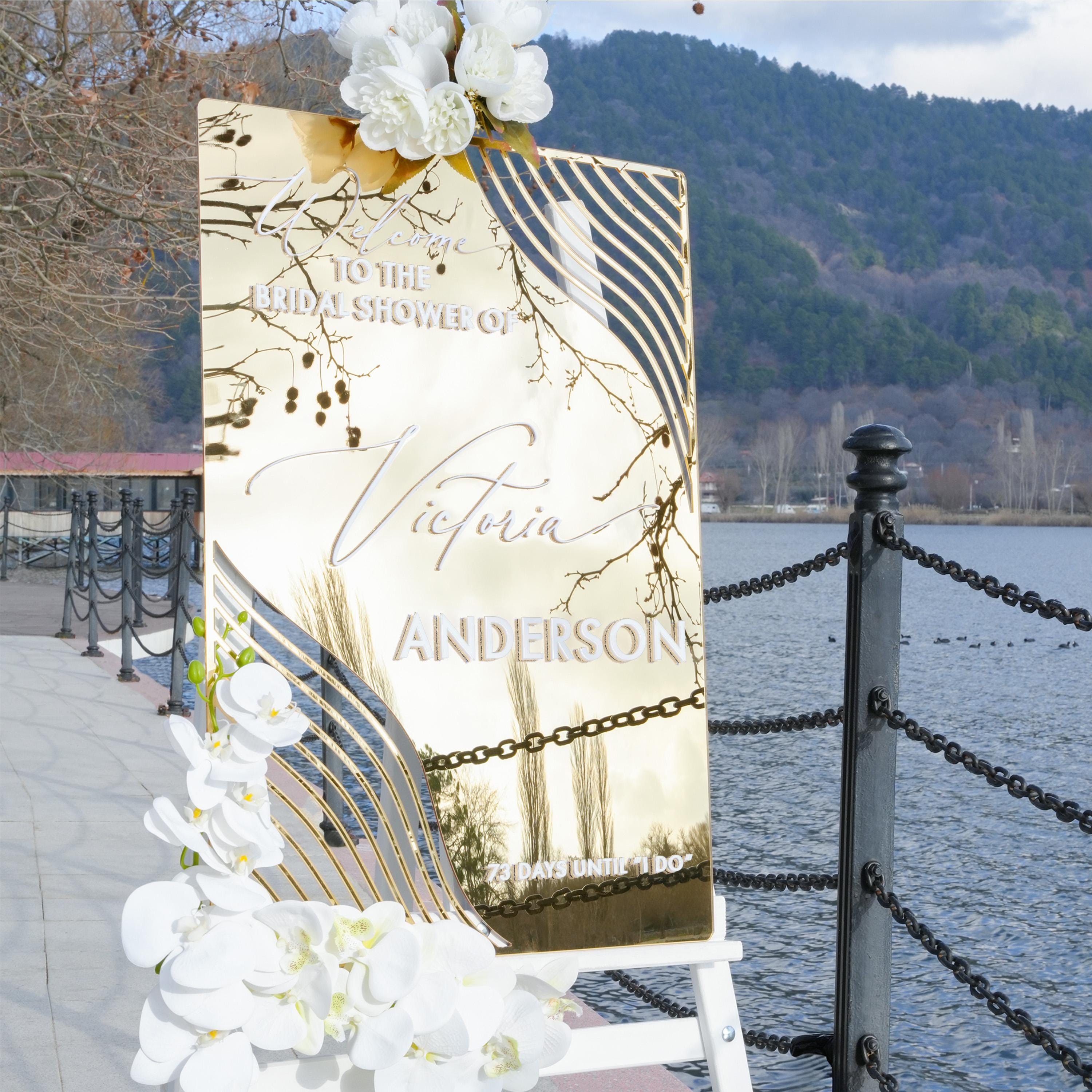 Bridal Shower Welcome Sign, Gold Mirror Bachelorette Party Signage - Sunflower Collection