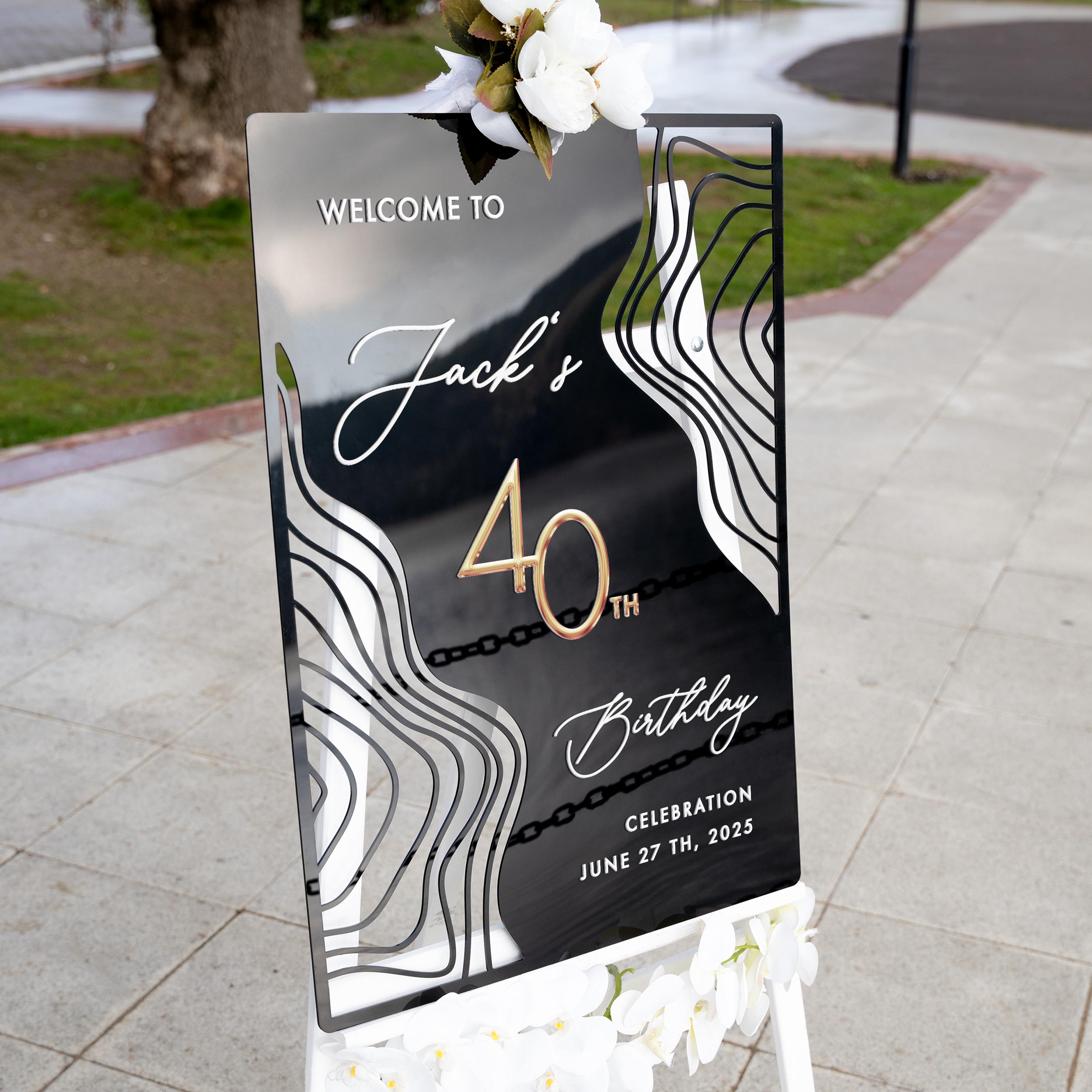 a sign welcoming guests to a birthday celebration.