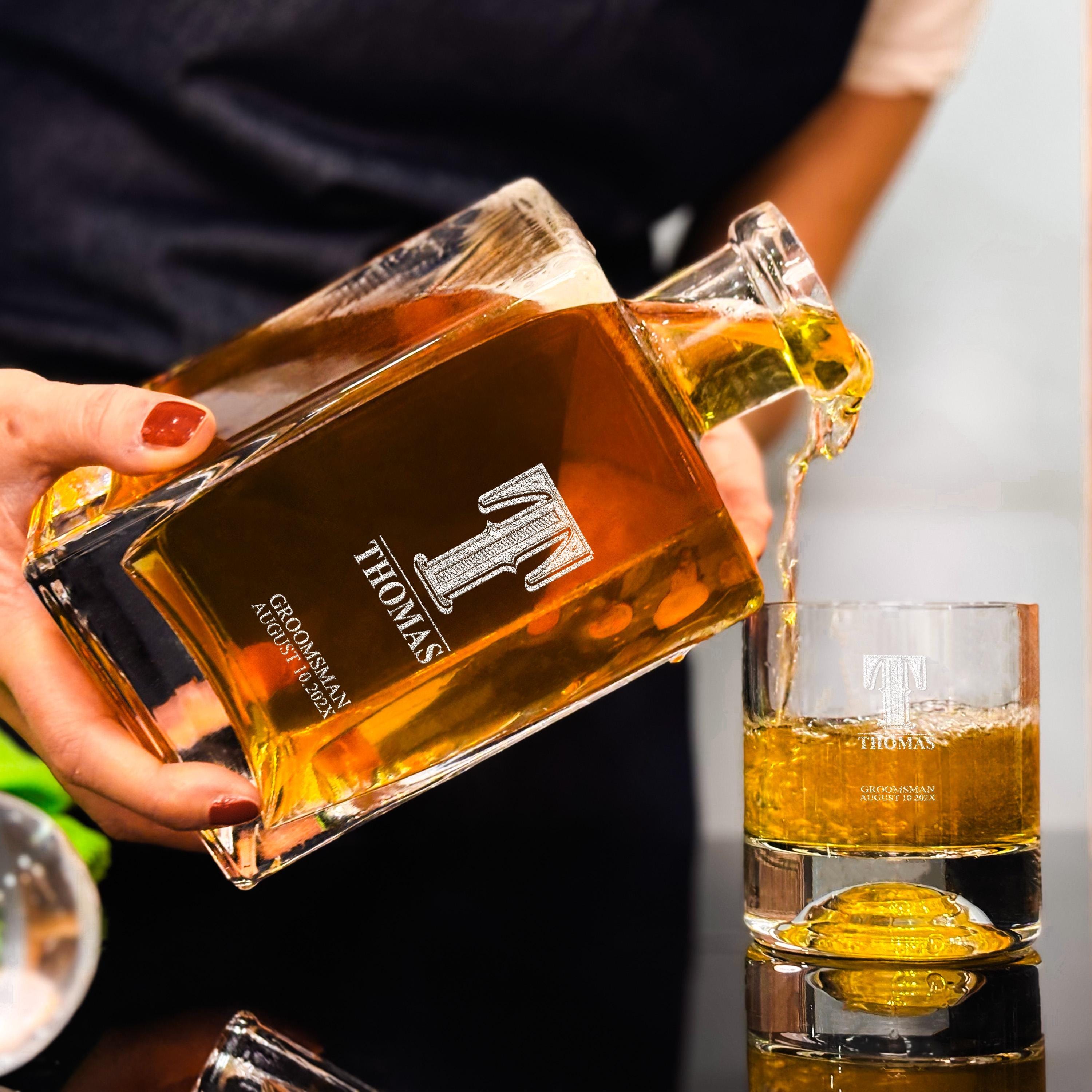 Groomsmen Whiskey Glasses Hand-Blown Glassware Wedding Gift Set with Engraved Wood Box