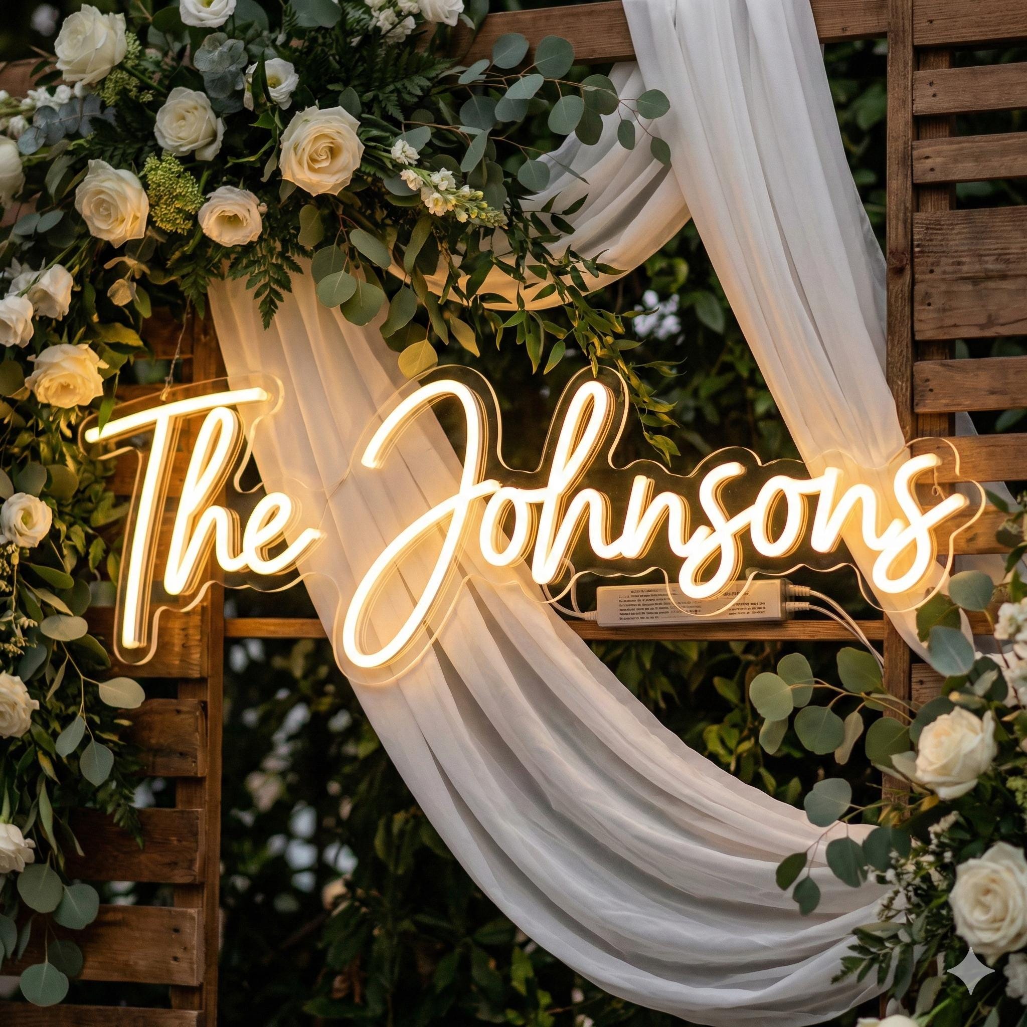 modern and elegant wedding neon sign customizable with family name