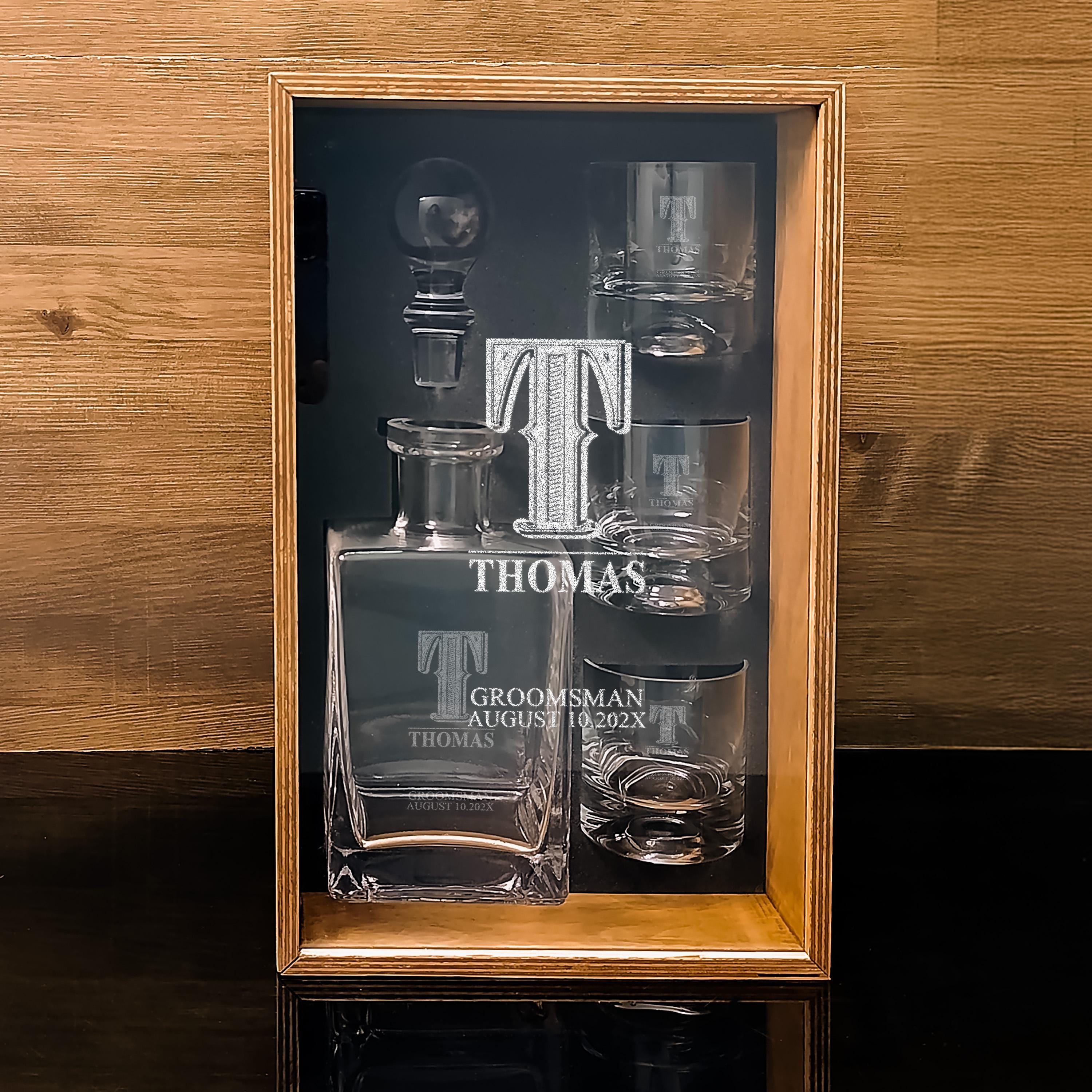 Groomsmen Whiskey Glasses Hand-Blown Glassware Wedding Gift Set with Engraved Wood Box