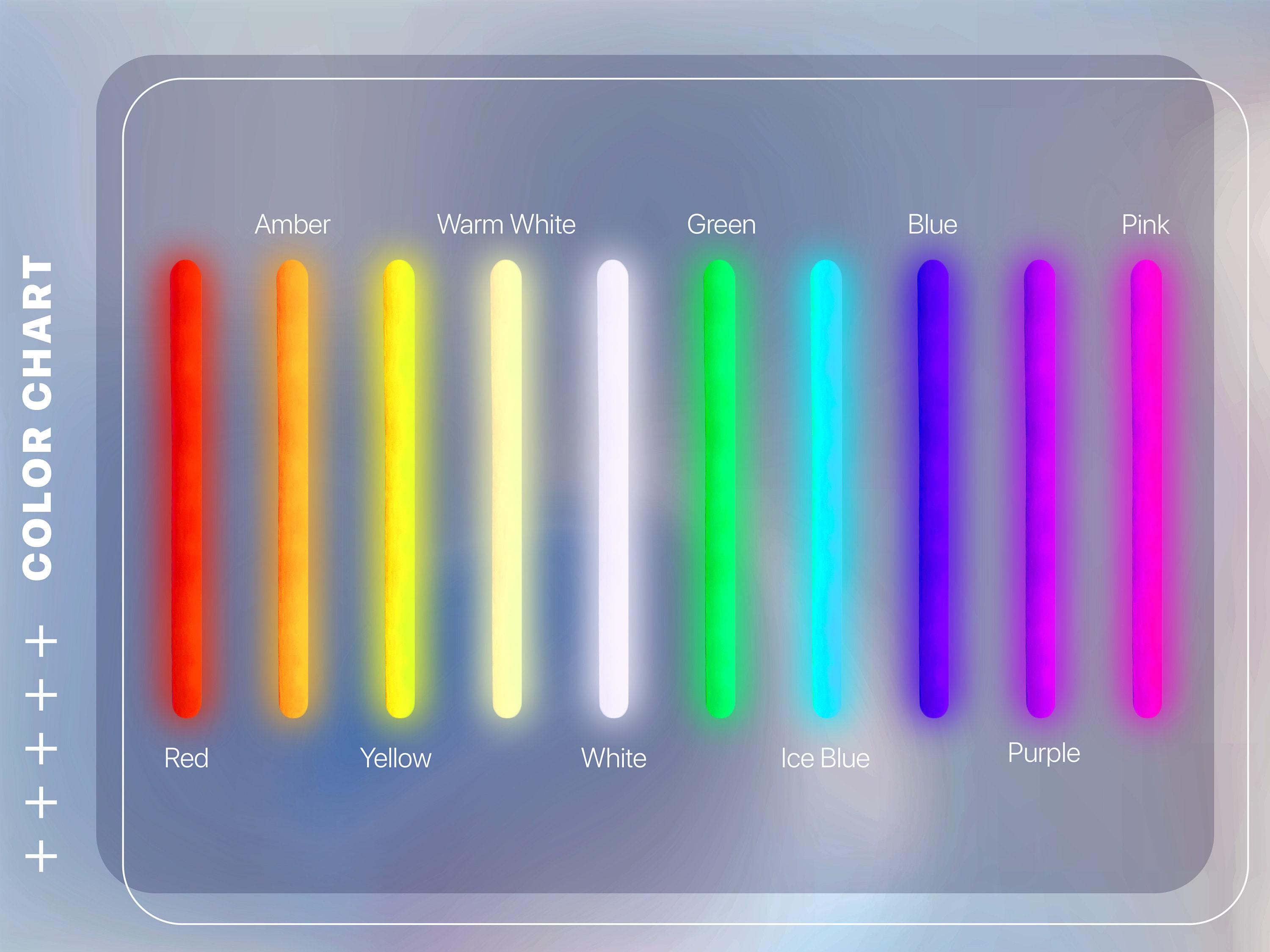The image is a color chart that displays various colored neon tubes, each representing a different color. The chart includes the colors Red, Yellow, White, Blue, Green, Purple, and Pink.