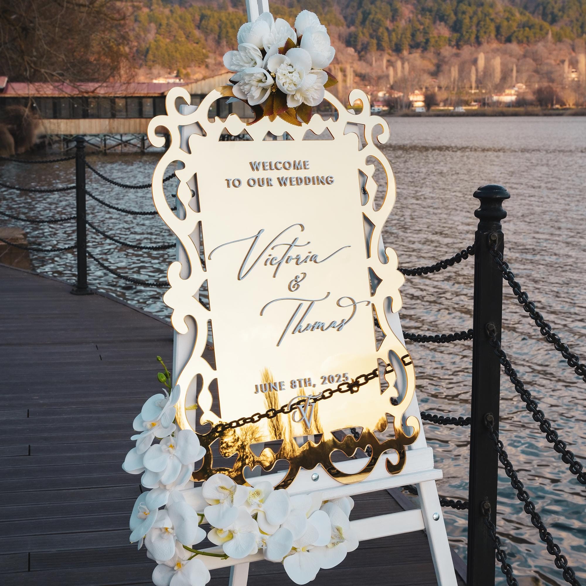 Custom Gold Mirror Welcome Sign for Wedding or Engagement - Tulips Collection