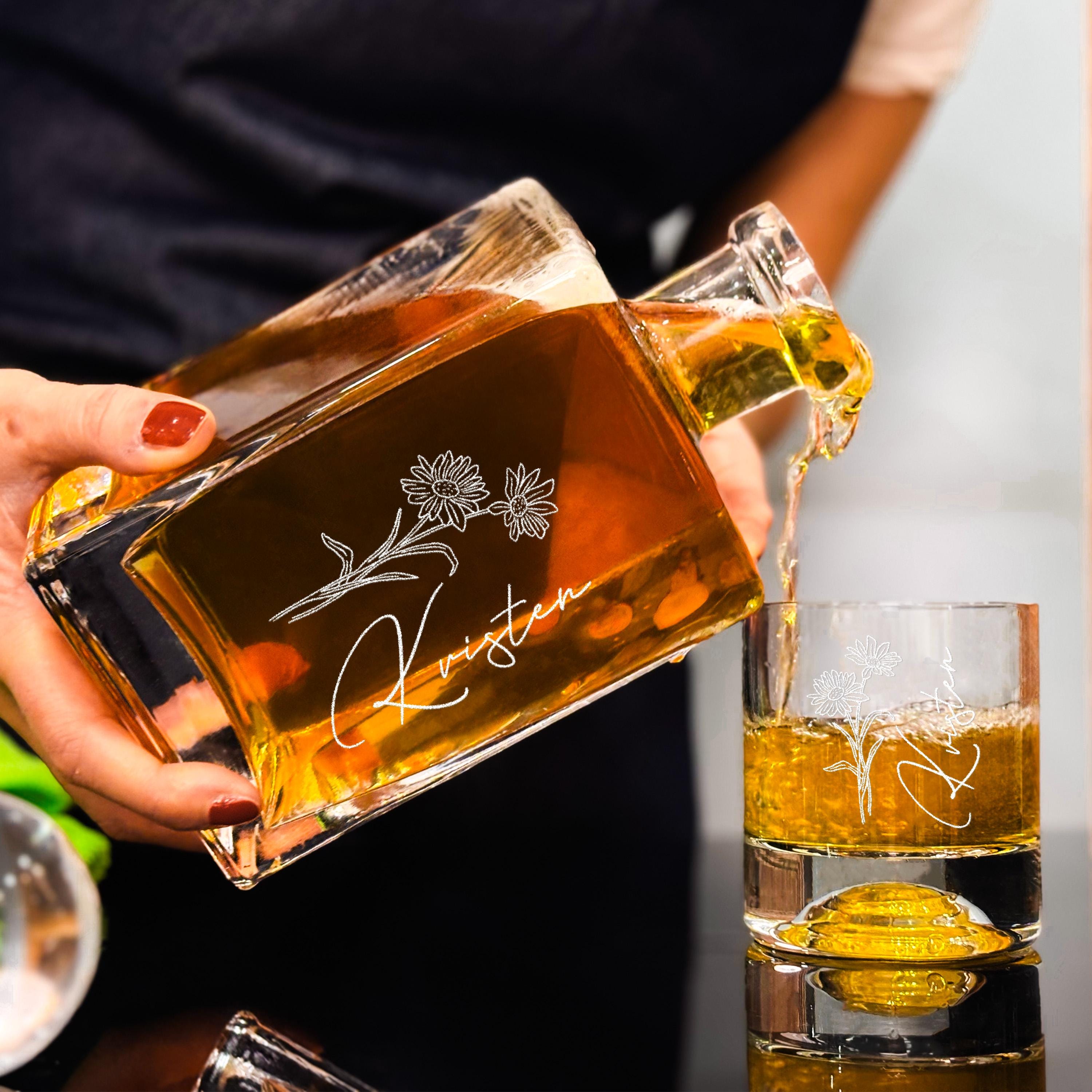 Whiskey Decanter Set Flower Engraved With Whiskey Glasses Wooden Gift Box For Anniversary