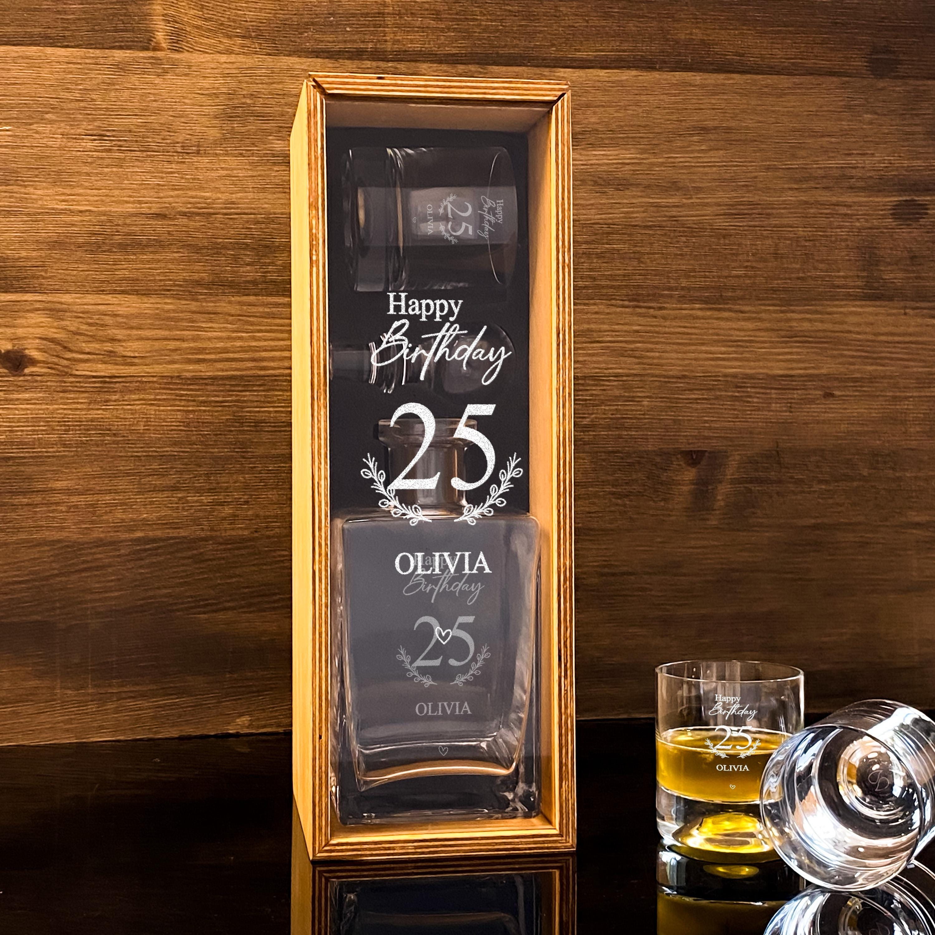 Whiskey Decanter Set Engraved Bourbon Glasses Wood Gift Box Anniversary Gift