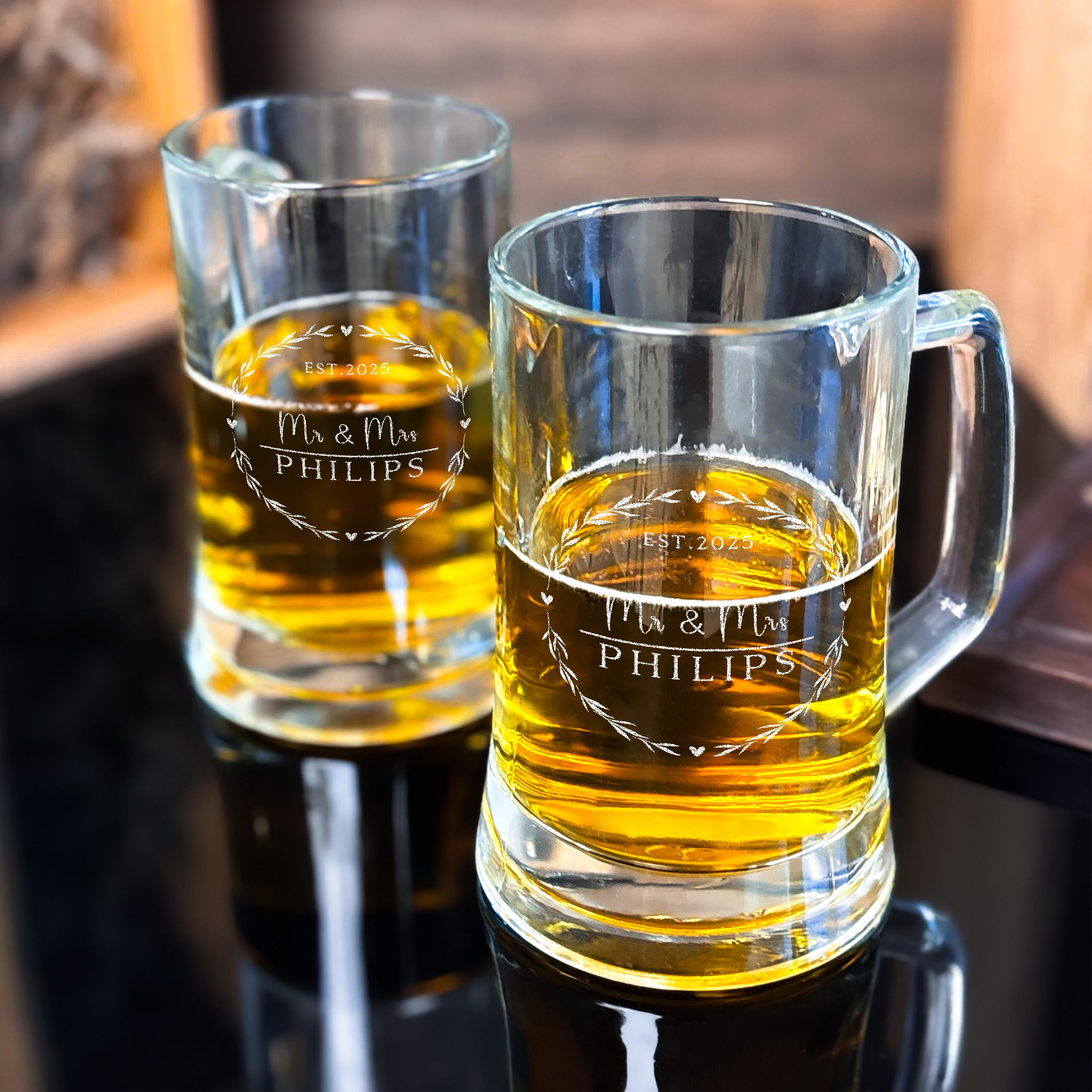 Wedding Beer Glass Engraved Mr and Mrs Mug Personalized Couples Gift