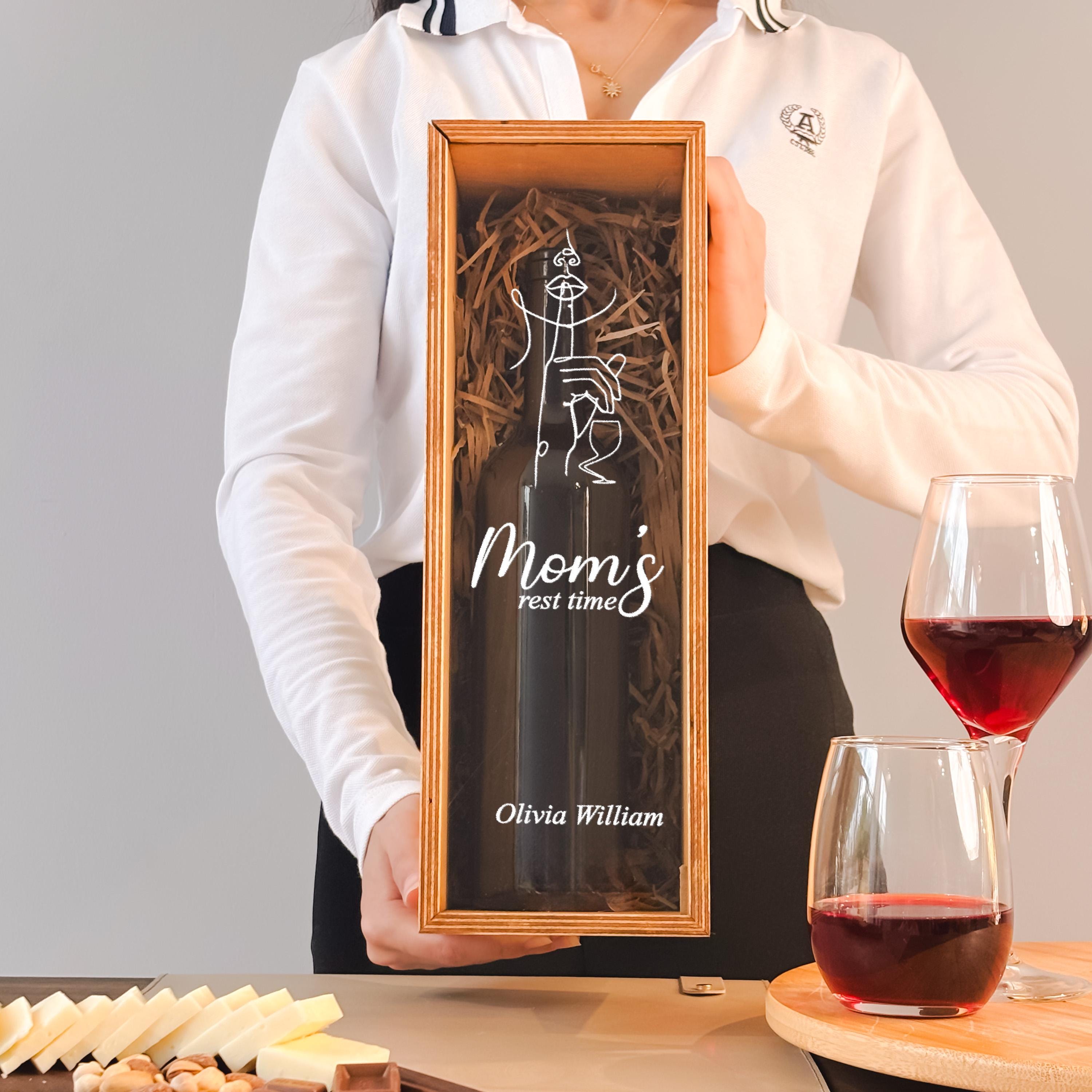 Engraved Wine Bottle Box Personalized Wooden Wine Box Birthday Gift for Mom
