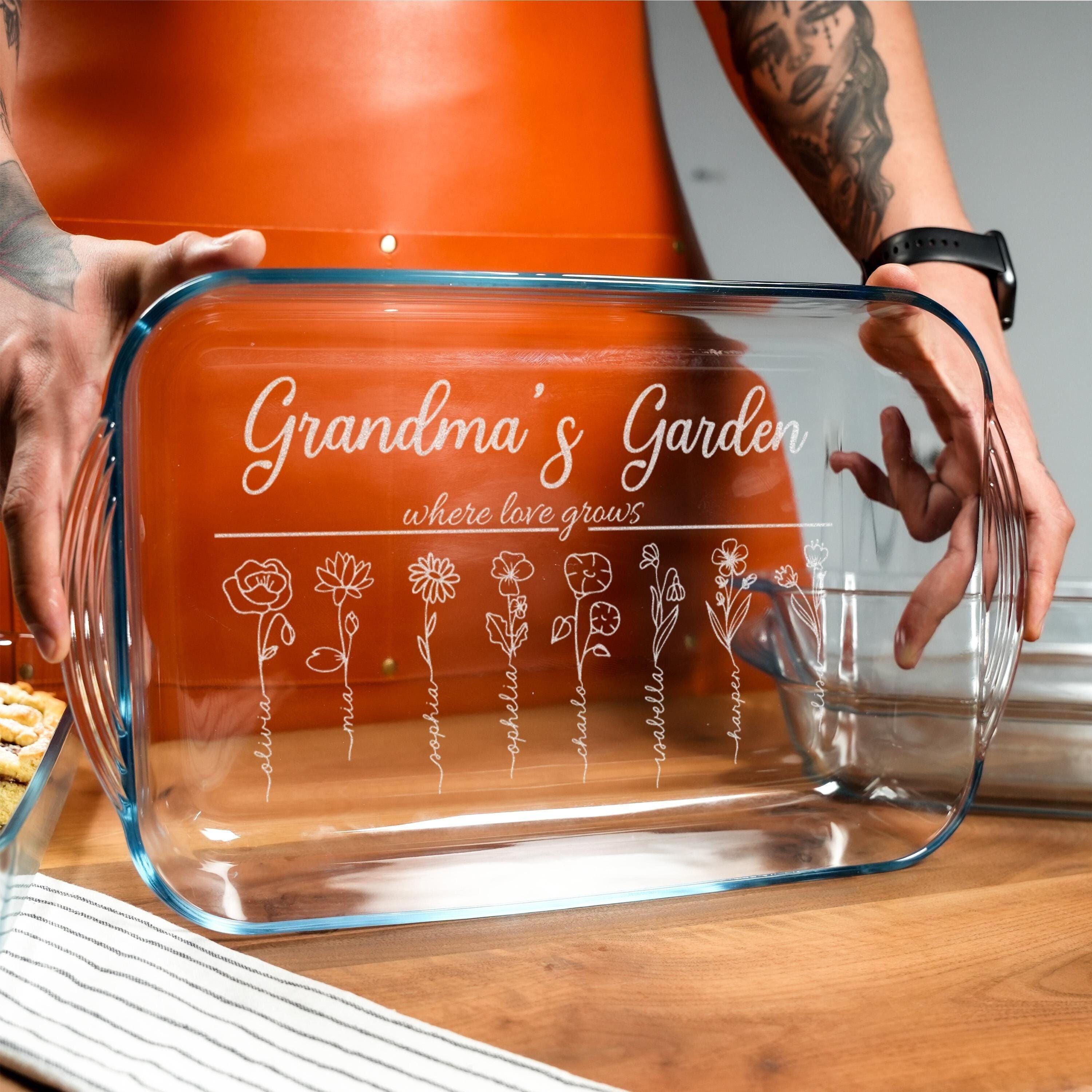 custom grandmas garden glass casserole dish