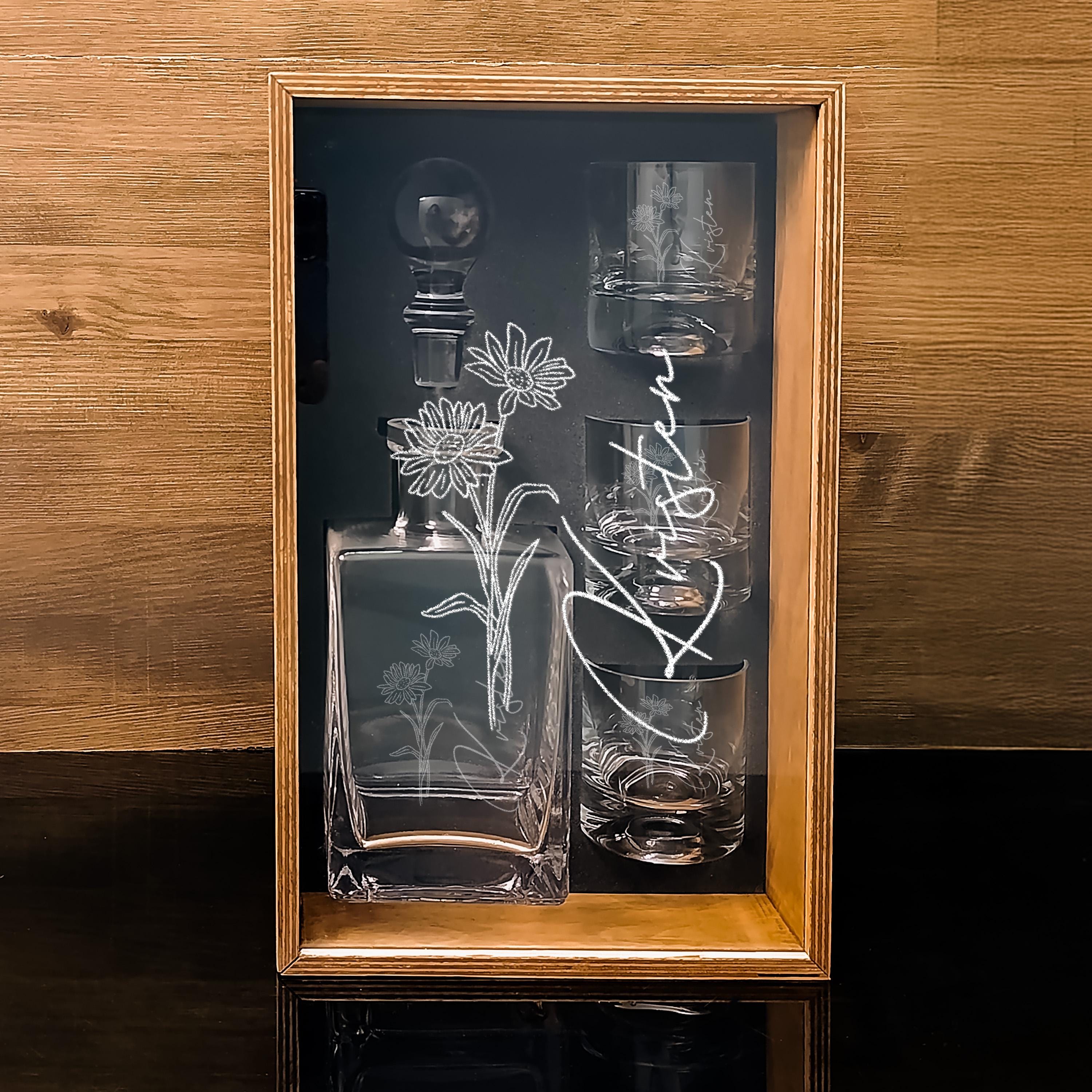 Whiskey Decanter Set Flower Engraved With Whiskey Glasses Wooden Gift Box For Anniversary