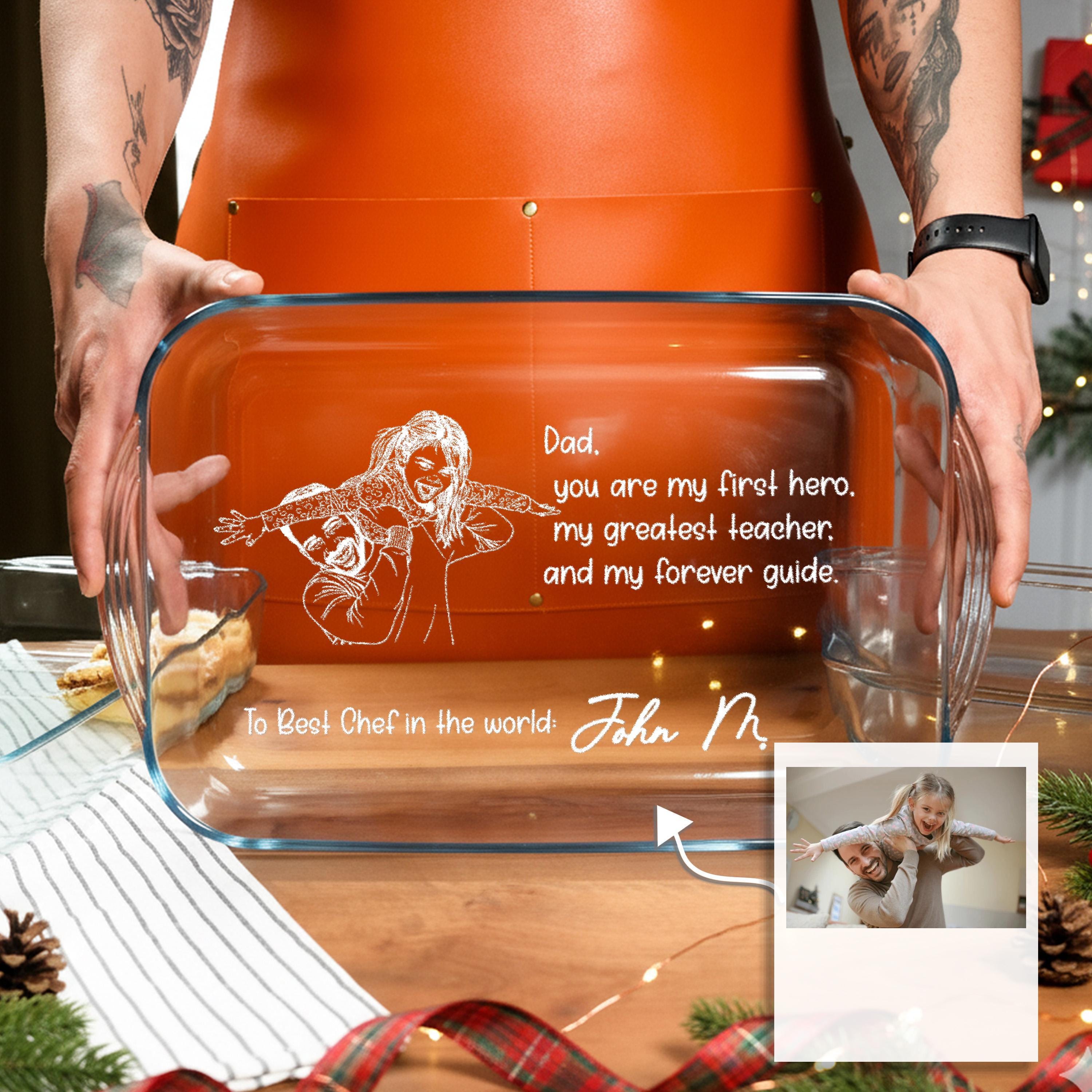 Personalized Casserole Dish with Engraved Dad Photo and Handwritten Baking Dish Gift For Grill Masters
