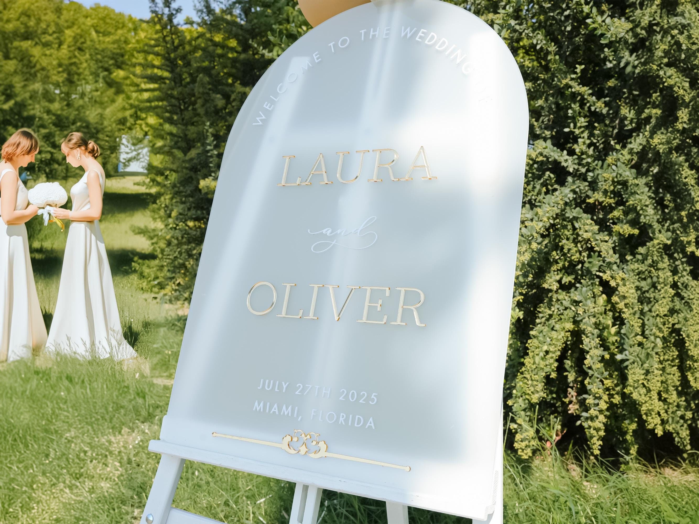 Frosted acrylic wedding welcome sign with gold mirror 3D text and engagement sign