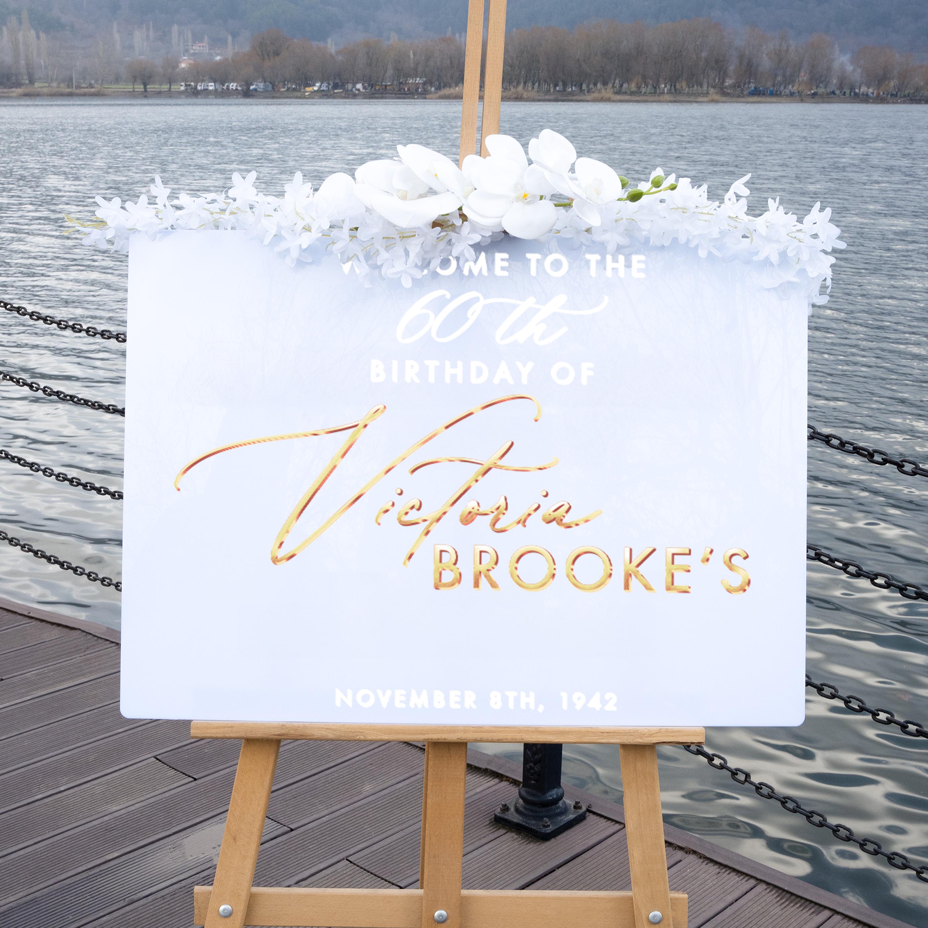 a sign that reads "Welcome to the 60th Birthday of Victoria Brooke's" with a floral decoration above it.