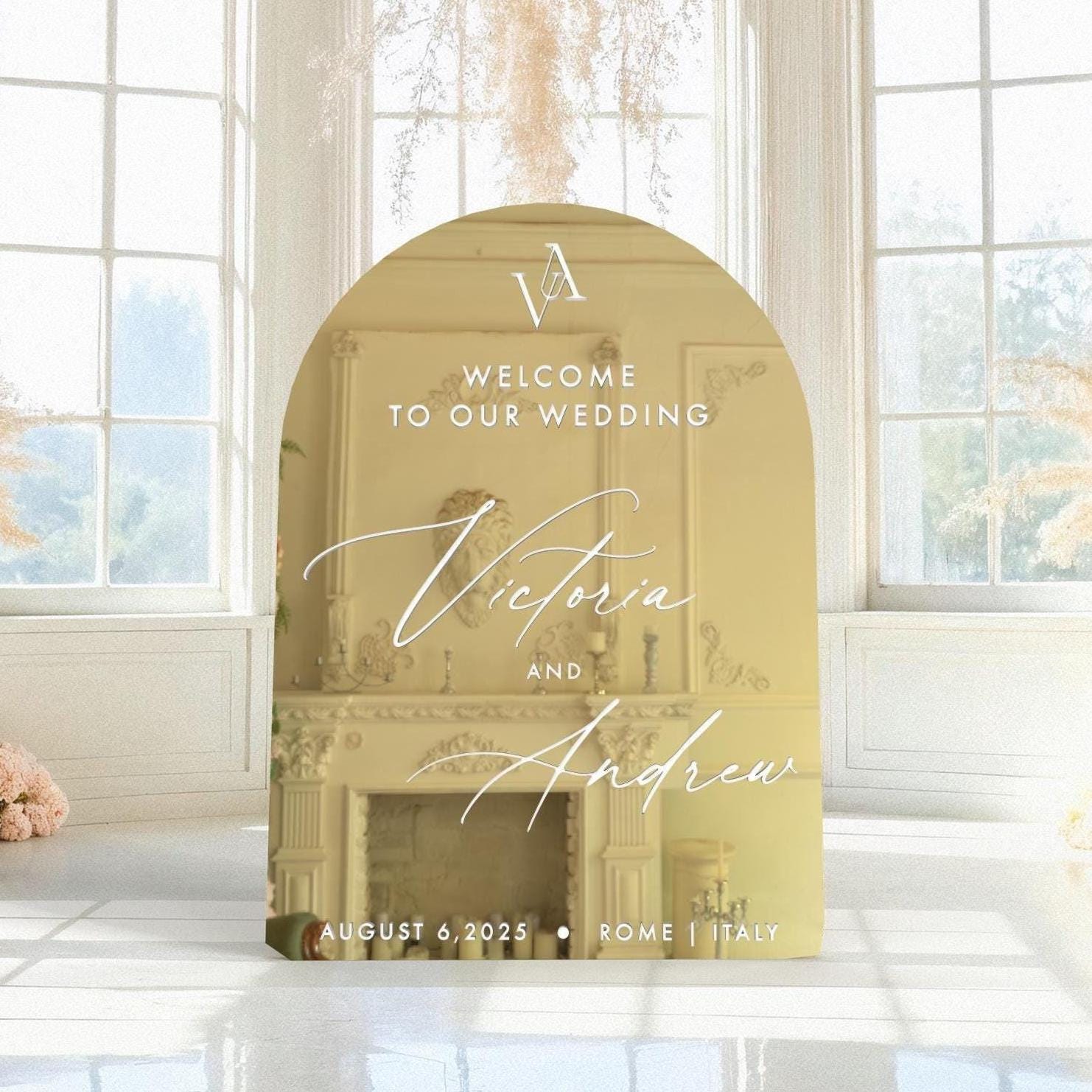 gold mirror acrylic wedding welcome sign asa perfect elegant boho fall modern wedding decorations and party decors.