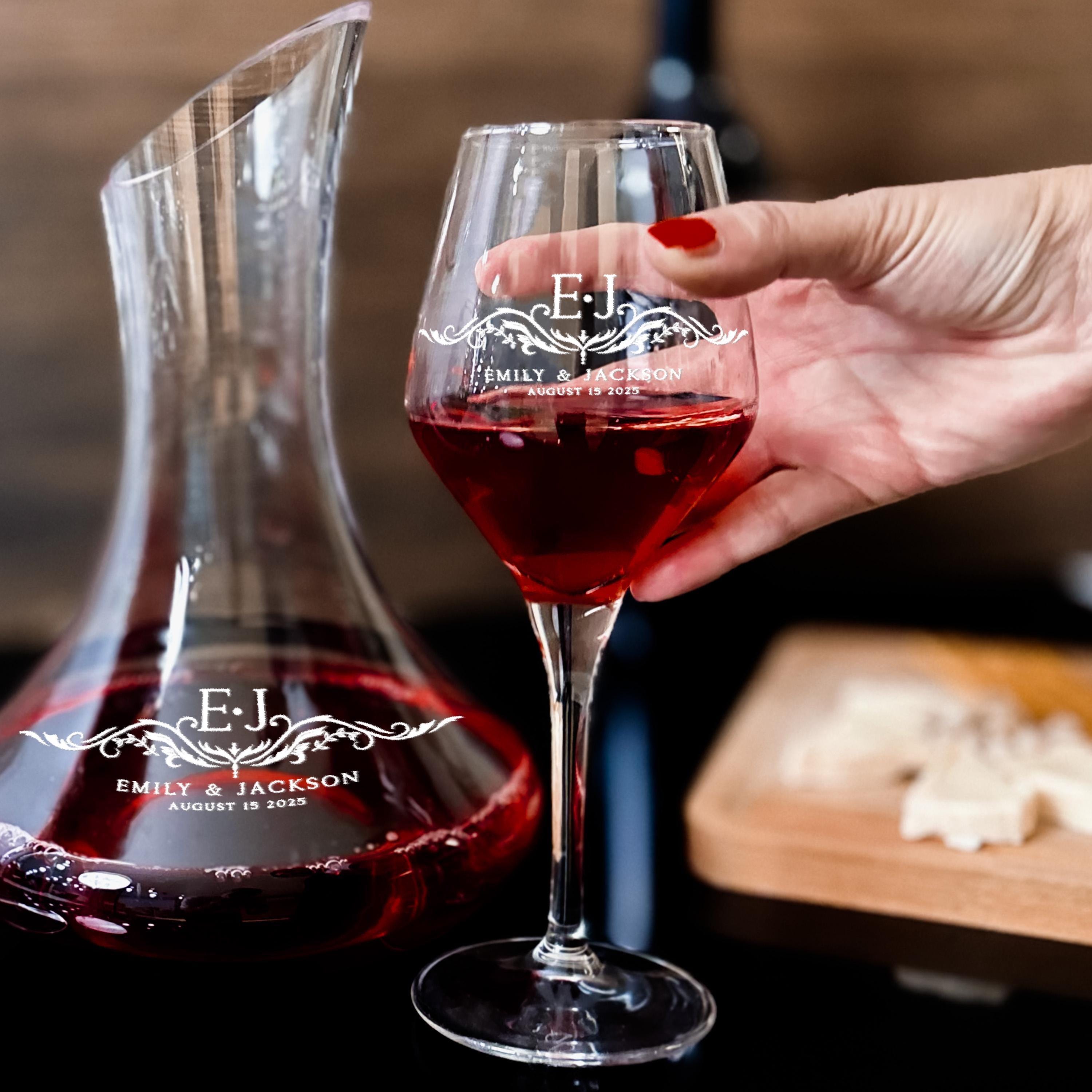 Wedding Wine Decanter Set Elegant Custom Engraved Stemless Wine Glass Set