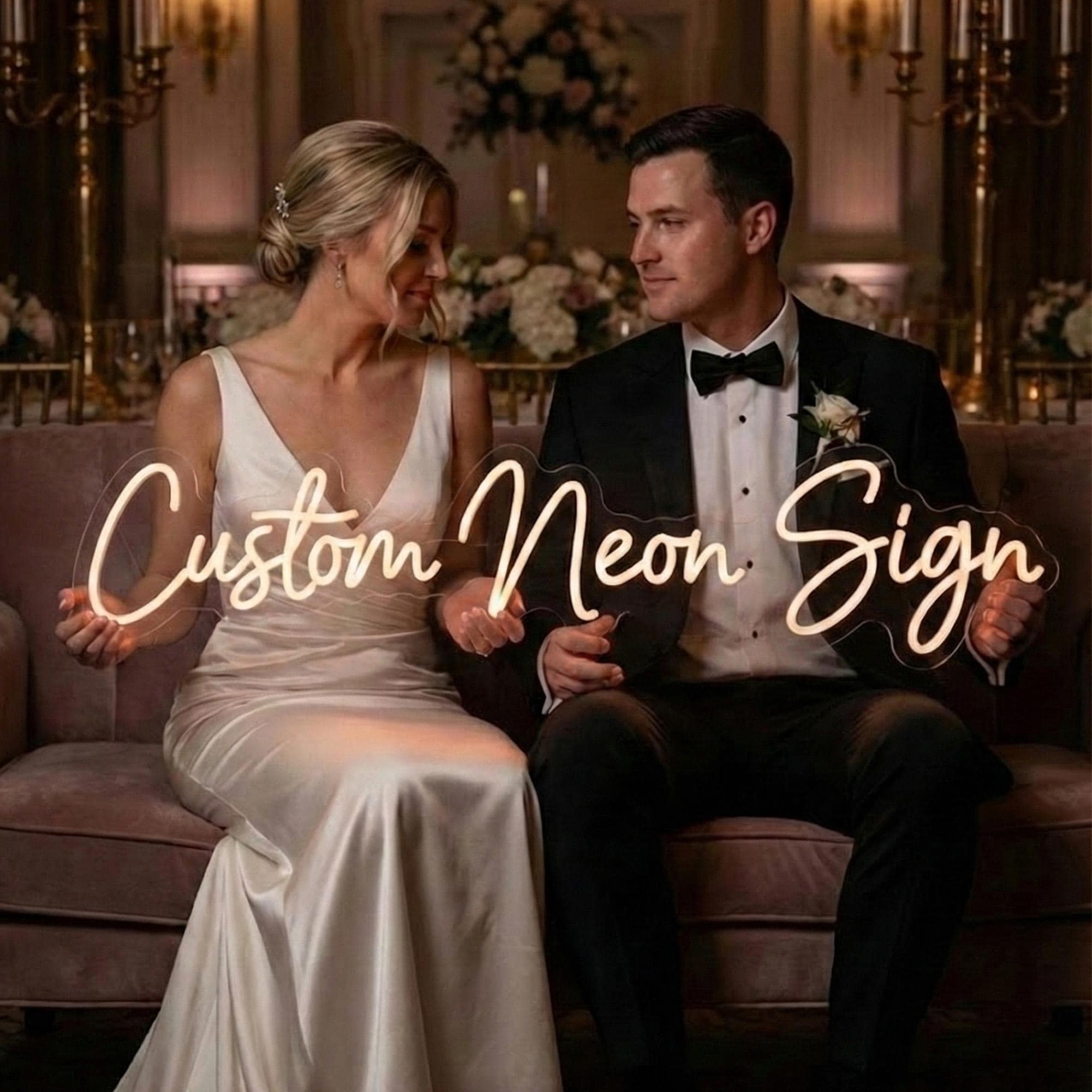 A couple dressed in formal attire, with the woman wearing a white dress and the man wearing a tuxedo, sitting together and holding a neon sign that says "Custom Neon Sign".