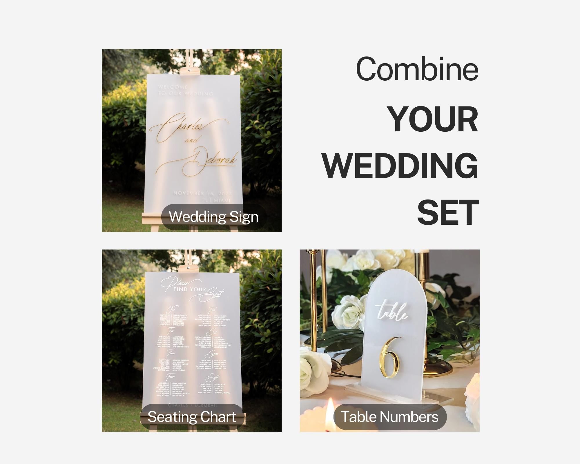 a set of wedding signs with a table number