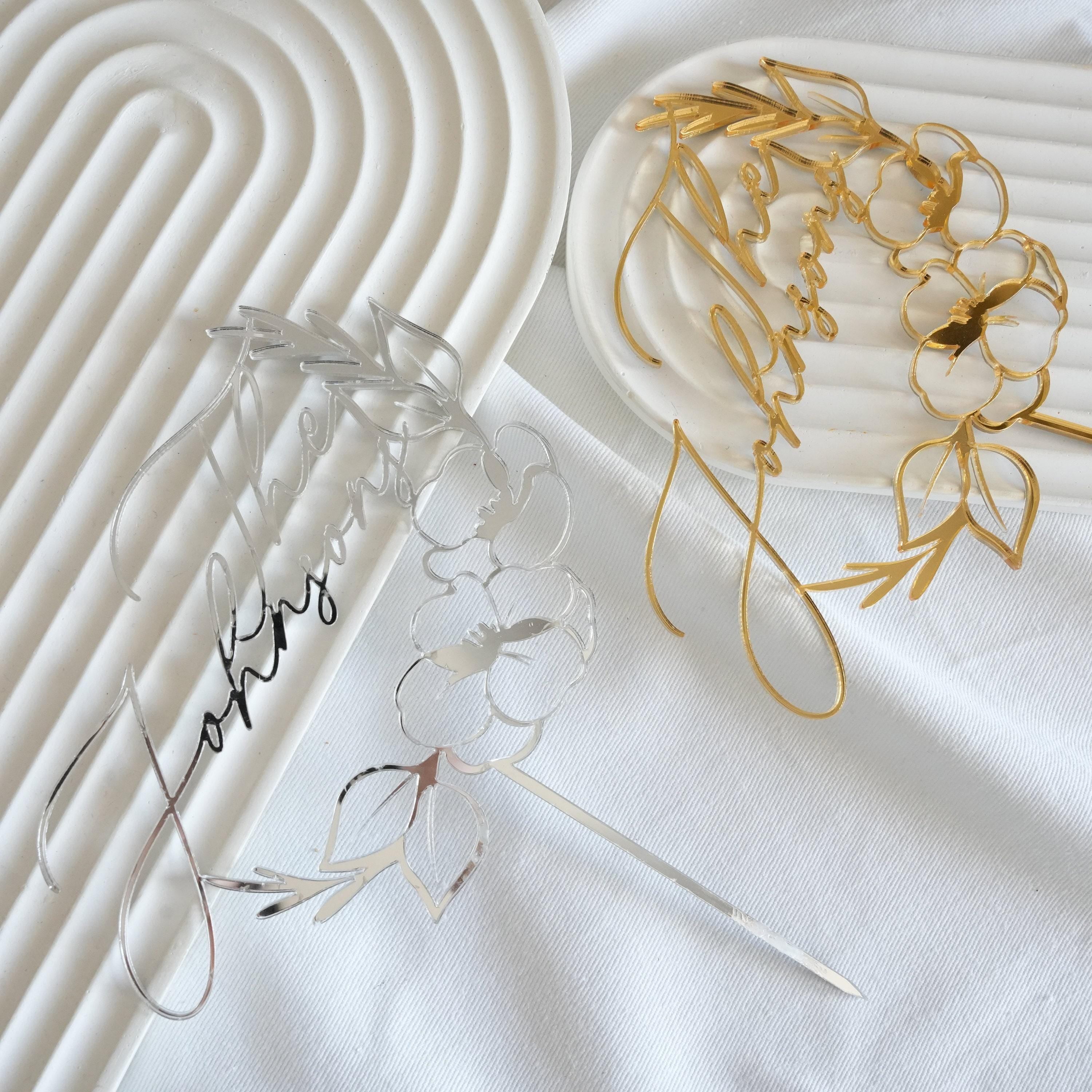 Gold Wedding Cake Topper - Custom Mirror Wedding Cake Decor Floral Daisy Collection