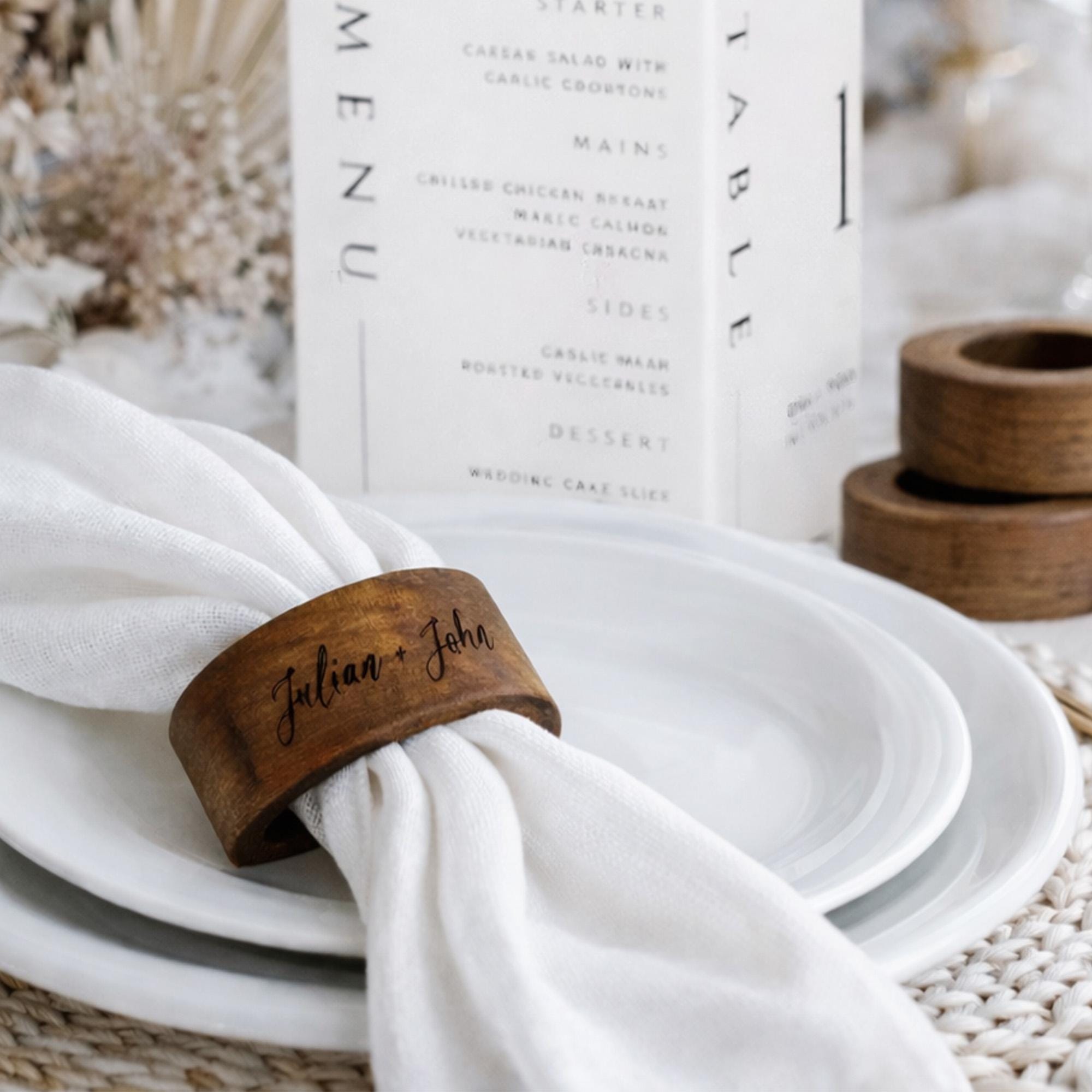 Personalized wooden napkin rings for wedding table decor, custom engraved napkin holders for reception tables