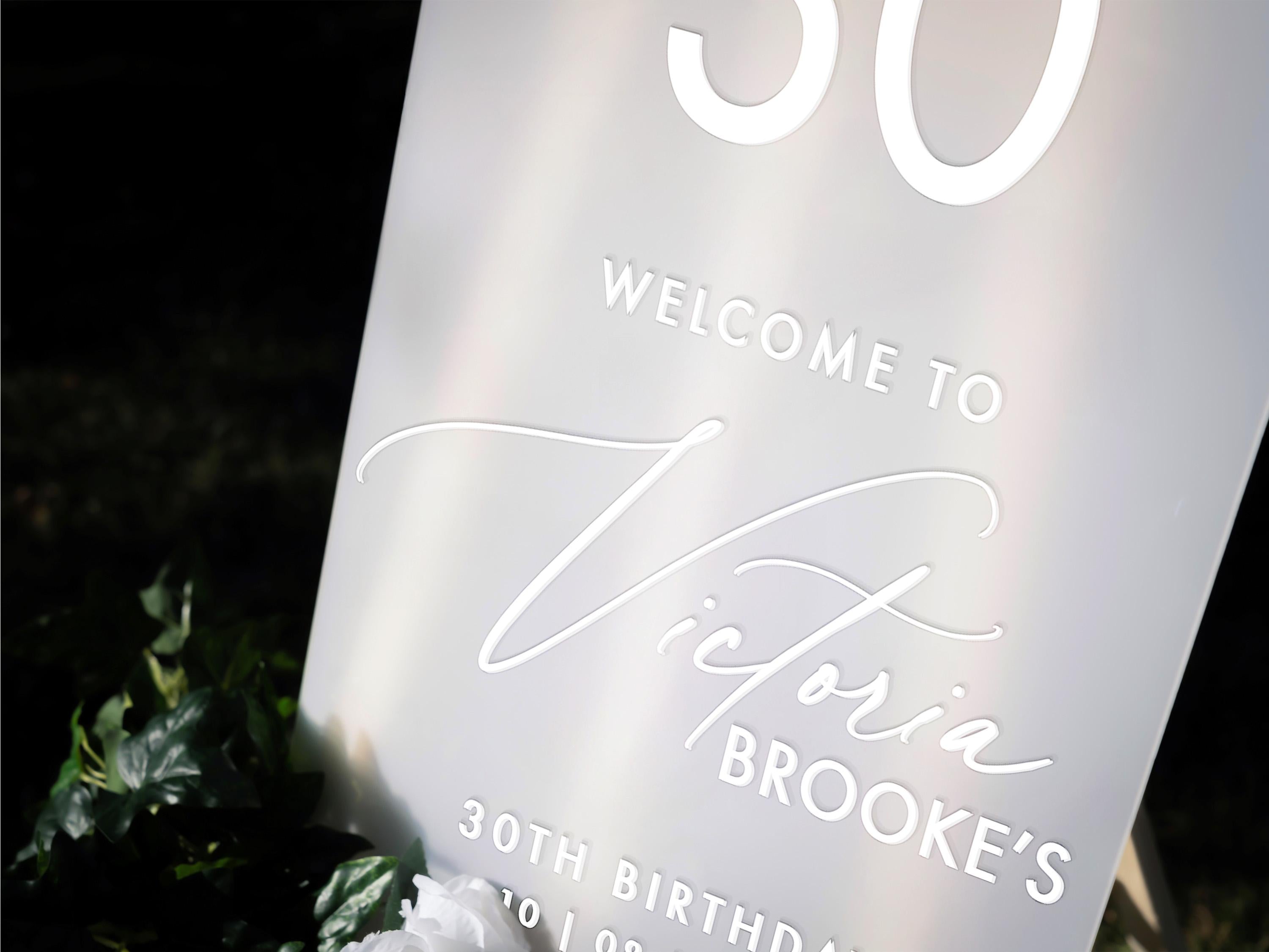 A white sign with the text "Welcome to Victoria Brooke's 30th Birthday" written on it, placed in a garden setting with some greenery in the background.