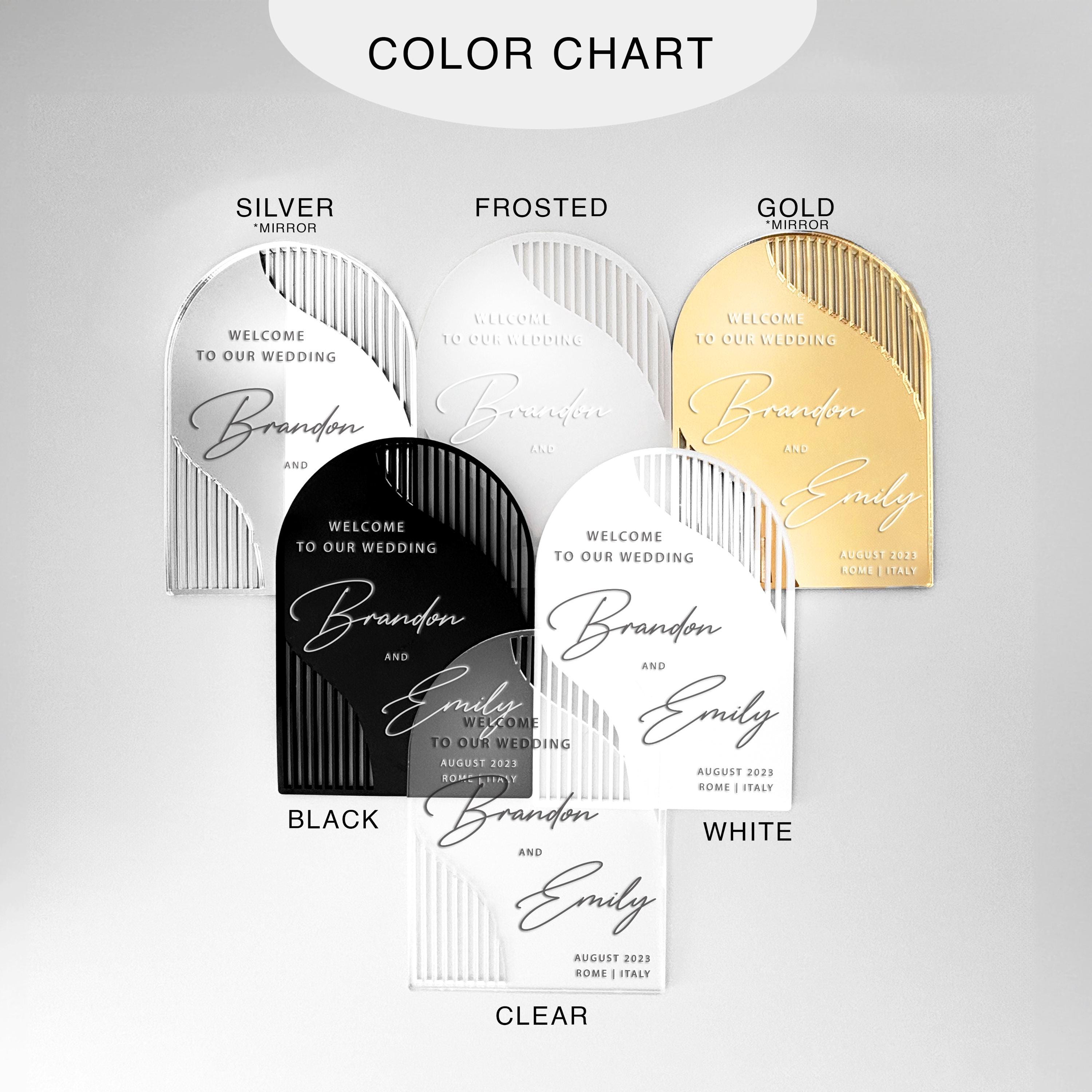 a white and black color chart with gold, silver, and frosted