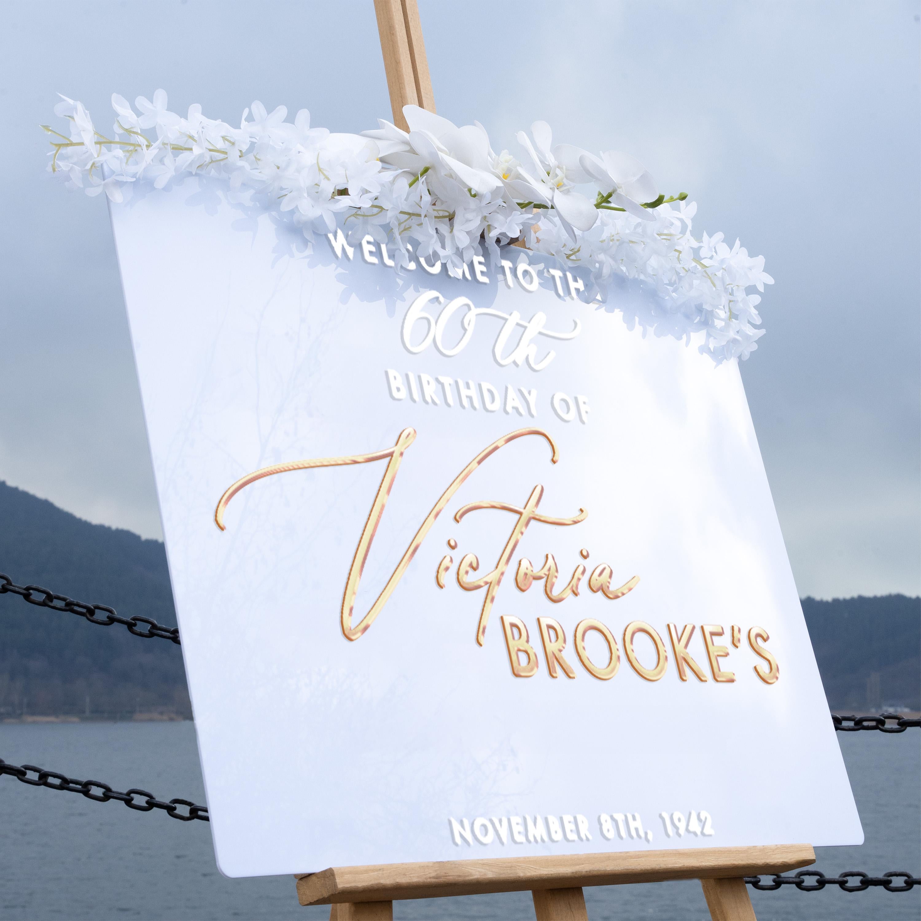 a sign welcoming guests to a 60th birthday celebration for Victoria Brooke's.