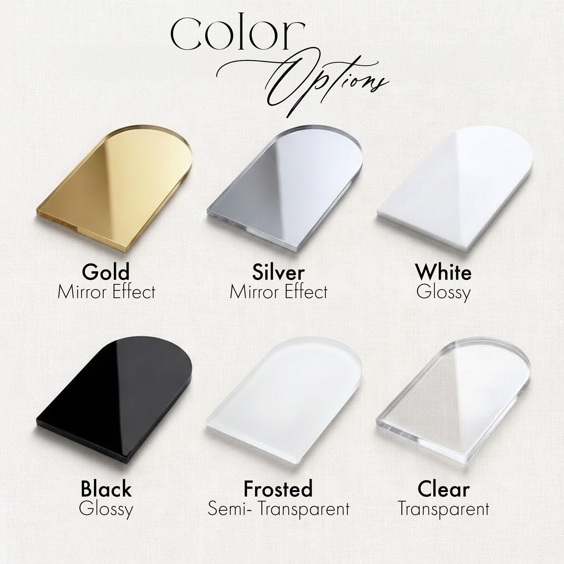 Color options for a mirror effect, including gold, silver, white, black, frosted, clear, and semi-transparent.