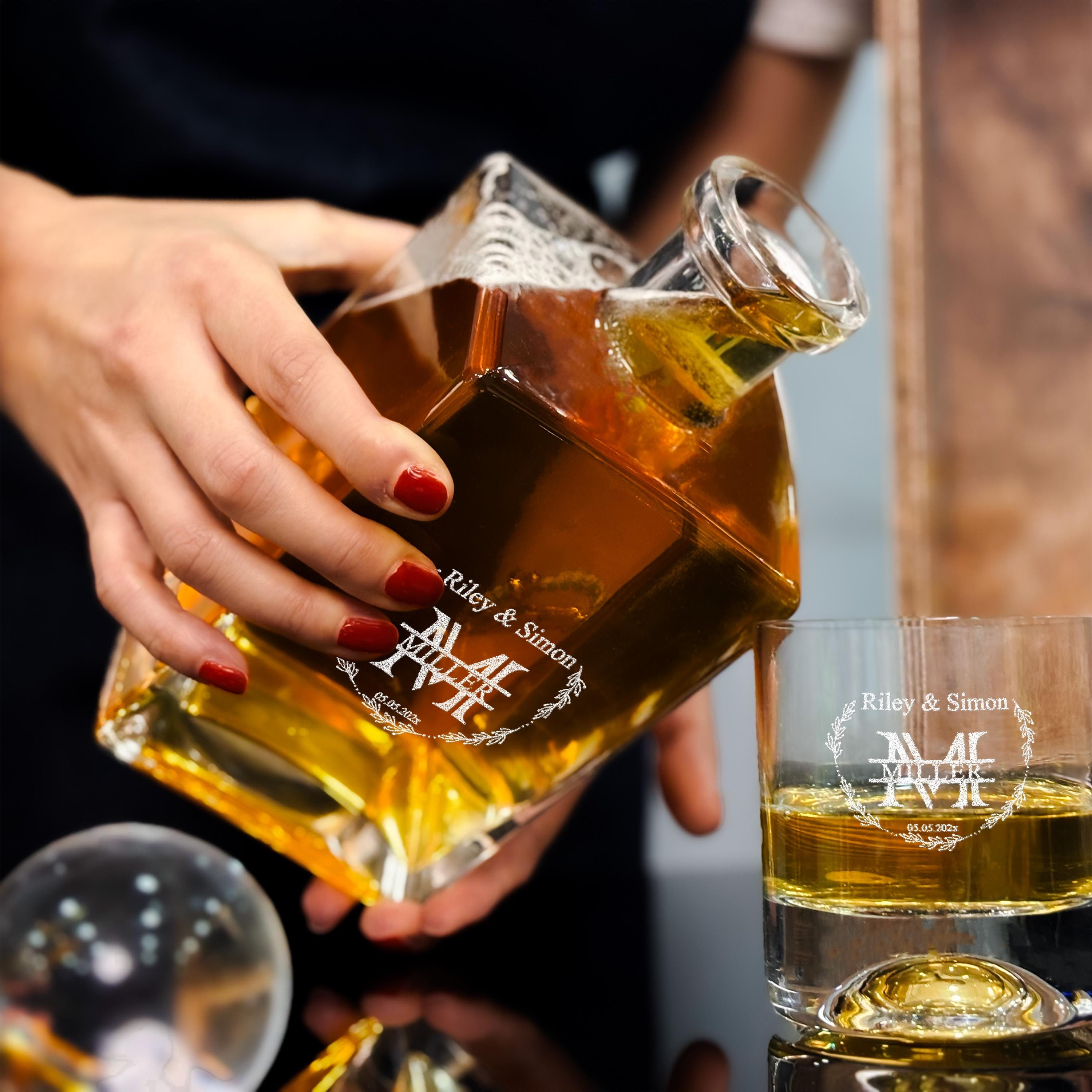 Wedding Whiskey Decanter Custom Engraved Wood Box Artisan Whiskey Set Gift