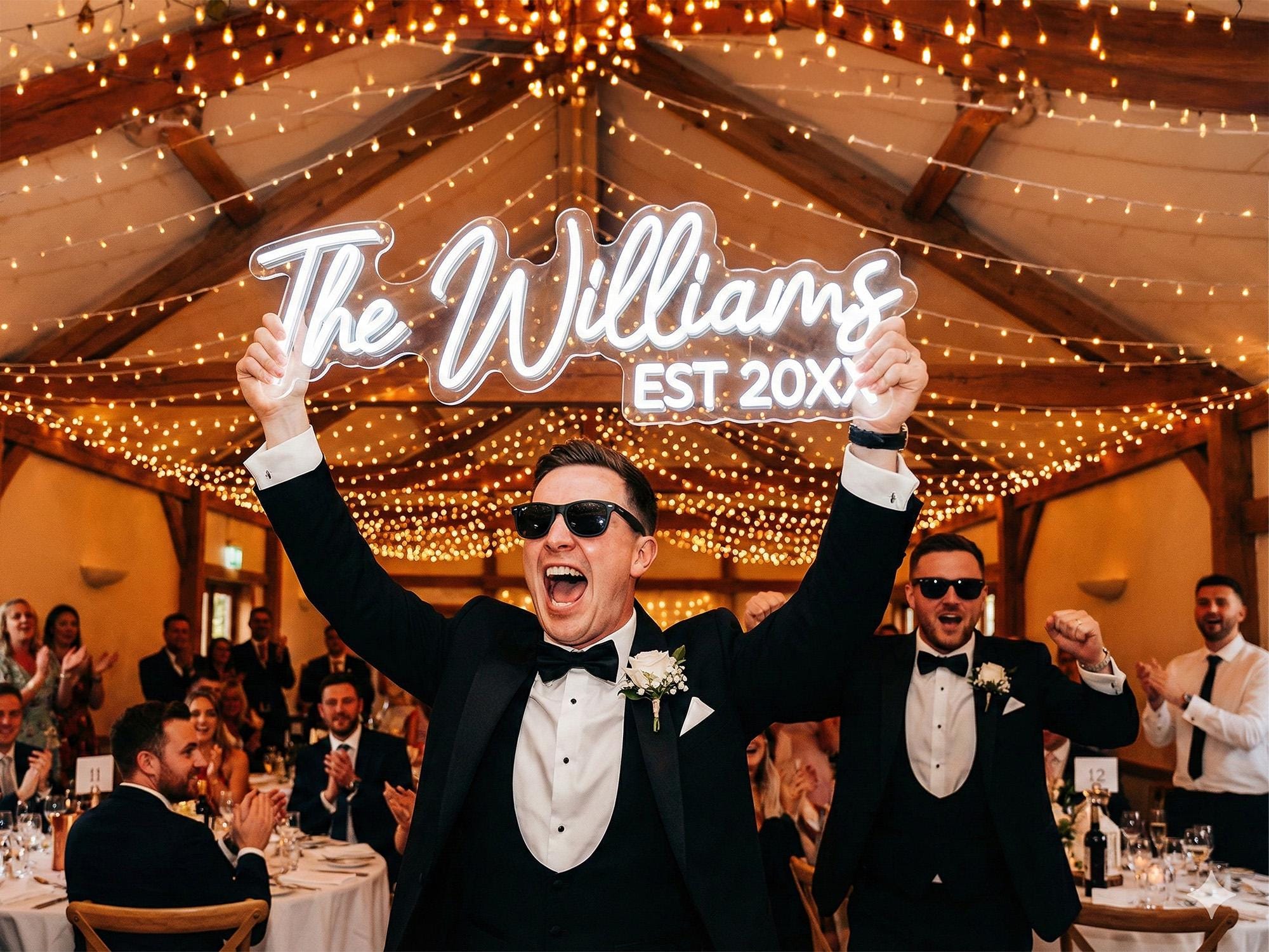 A man in a tuxedo is holding up a sign that says "The Williams EST 20XX" in a room with string lights and other people in the background.