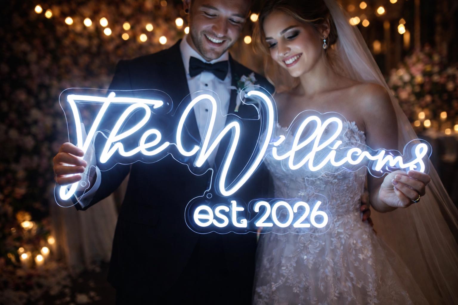 A bride and groom holding a neon sign which is family name sign