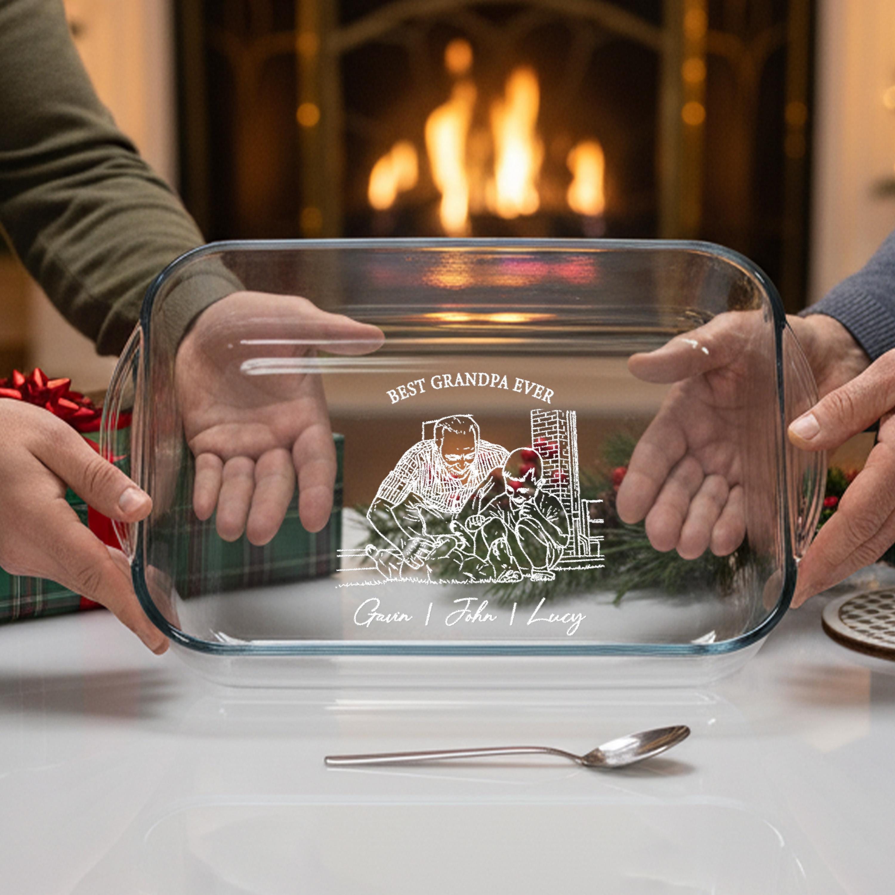 Engraved Glass Casserole Personalized Baking Pan Grandpa Photo Gift Family Heirloom