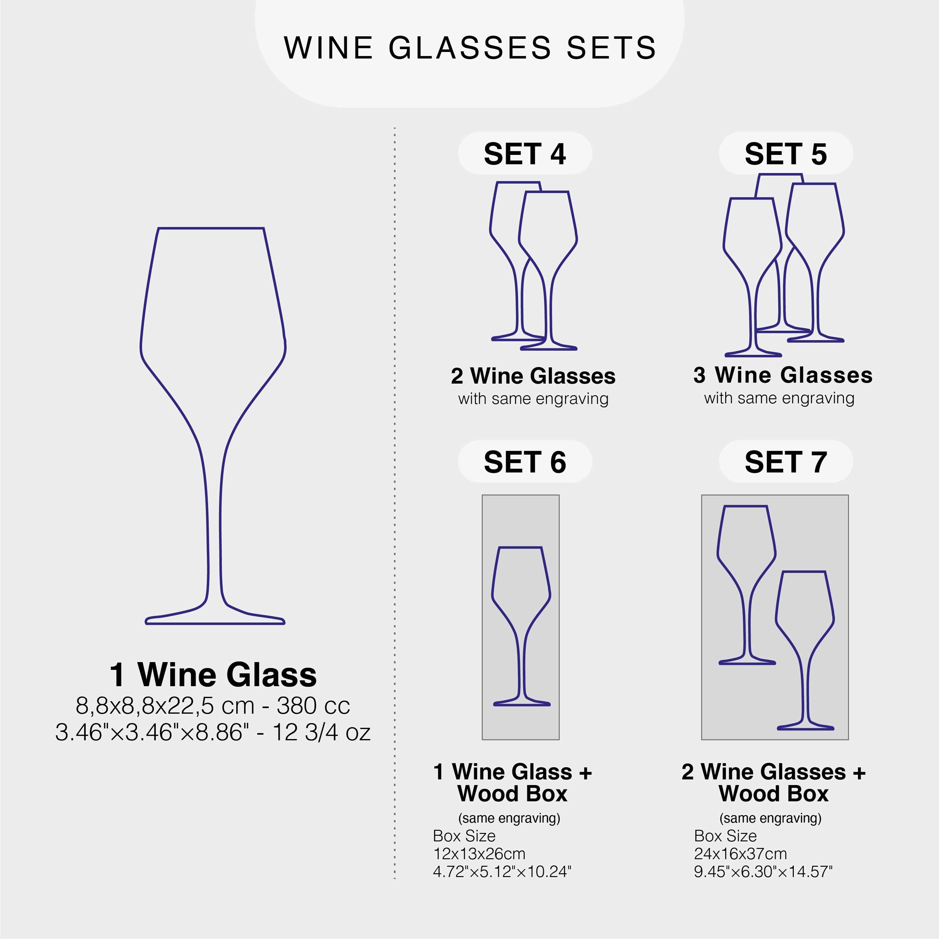a collection of wine glass sets, each with different designs and sizes. The sets include a 1 Wine Glass, a 2 Wine Glasses with the same engraving, a 3 Wine Glasses with the same engraving, a 1 Wine Glass and a 2 Wood Box, and a 3 Wine Glasses and a 2 Wood Box. The image does not contain any text, and the descriptions provided are based on the visual content of the wine glass sets.