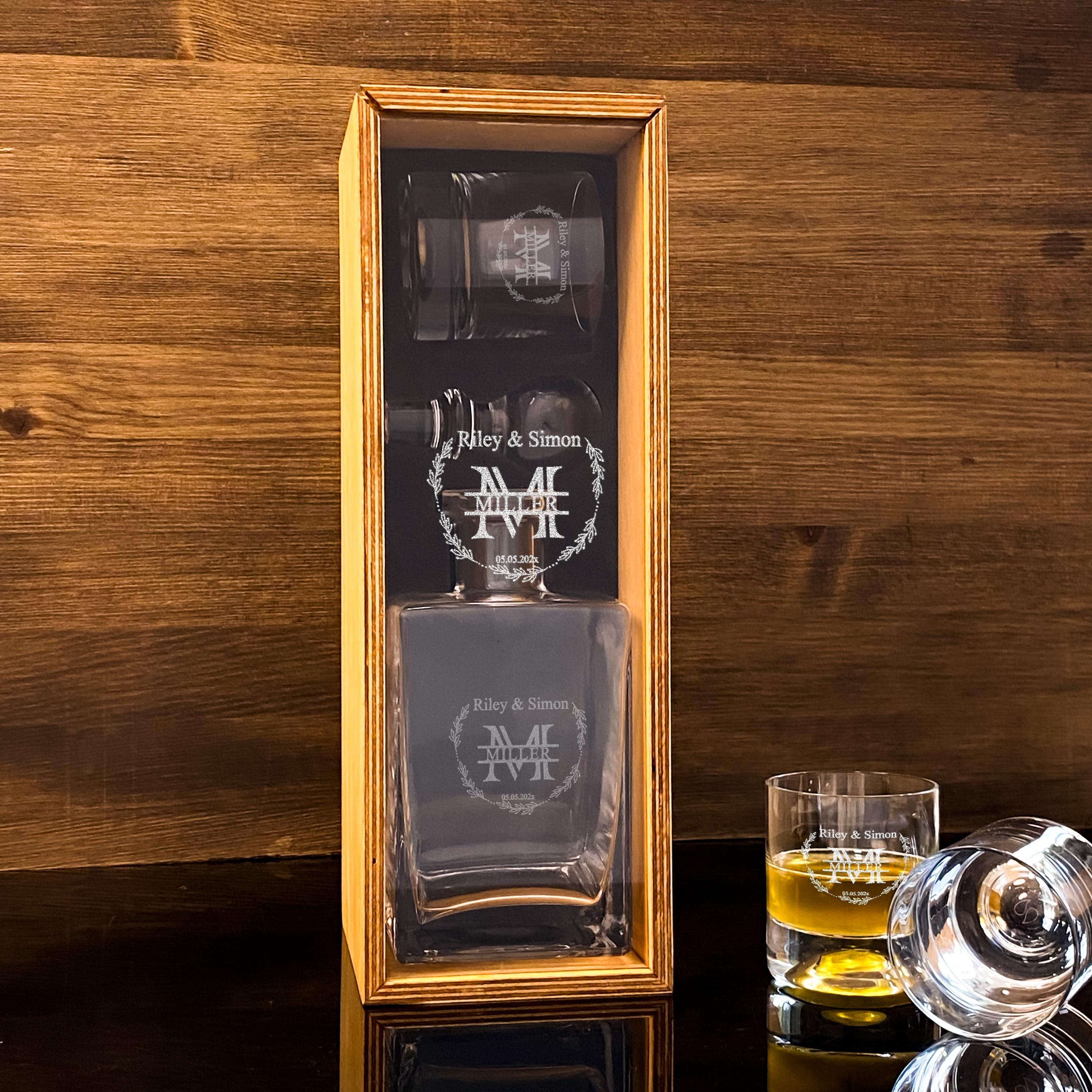 Wedding Whiskey Decanter Custom Engraved Wood Box Artisan Whiskey Set Gift