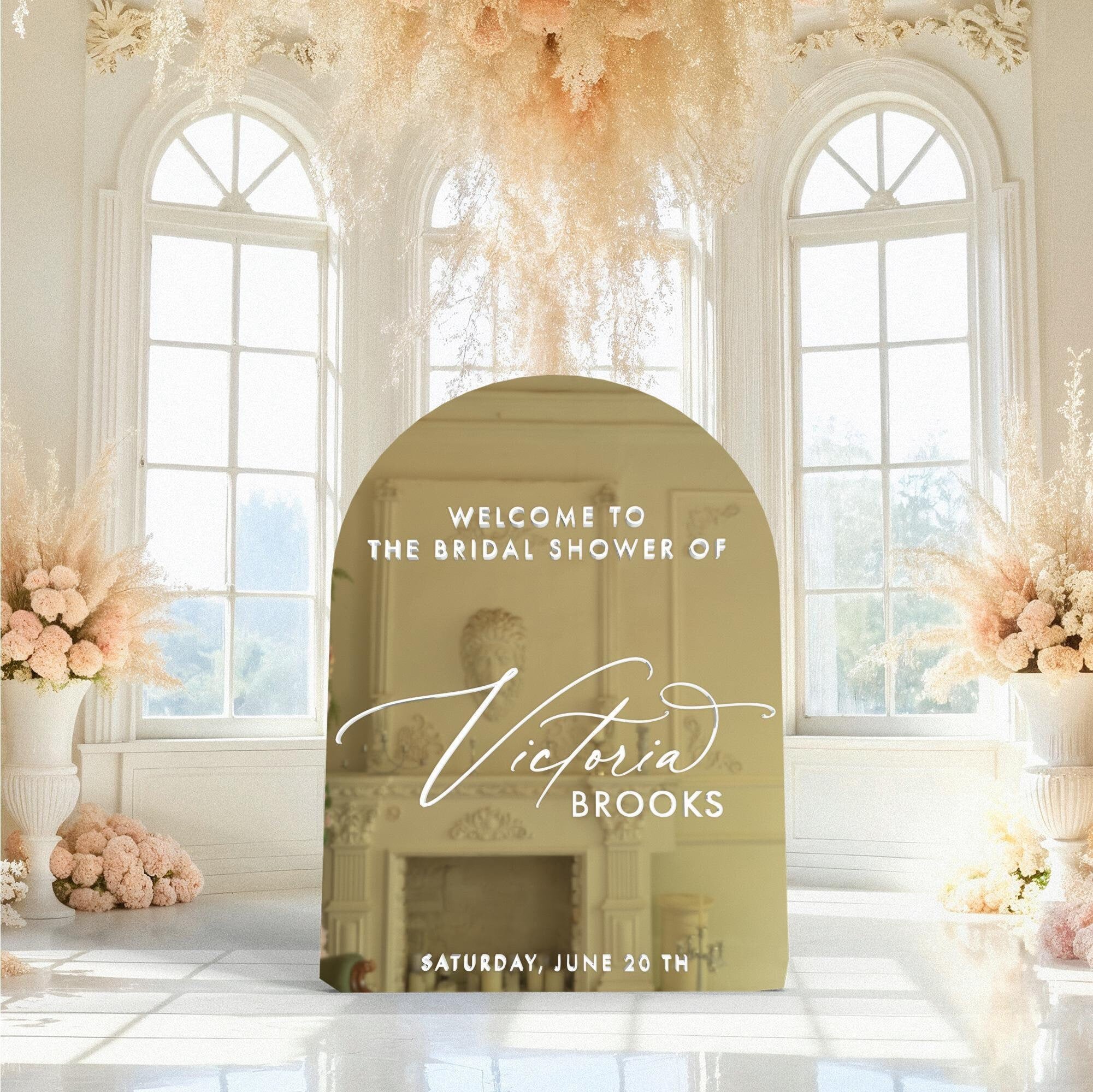 Gold Mirror Acrylic Bridal Shower Welcome Sign with 3D White Text in Elegant, Modern Wedding Hall Decorations