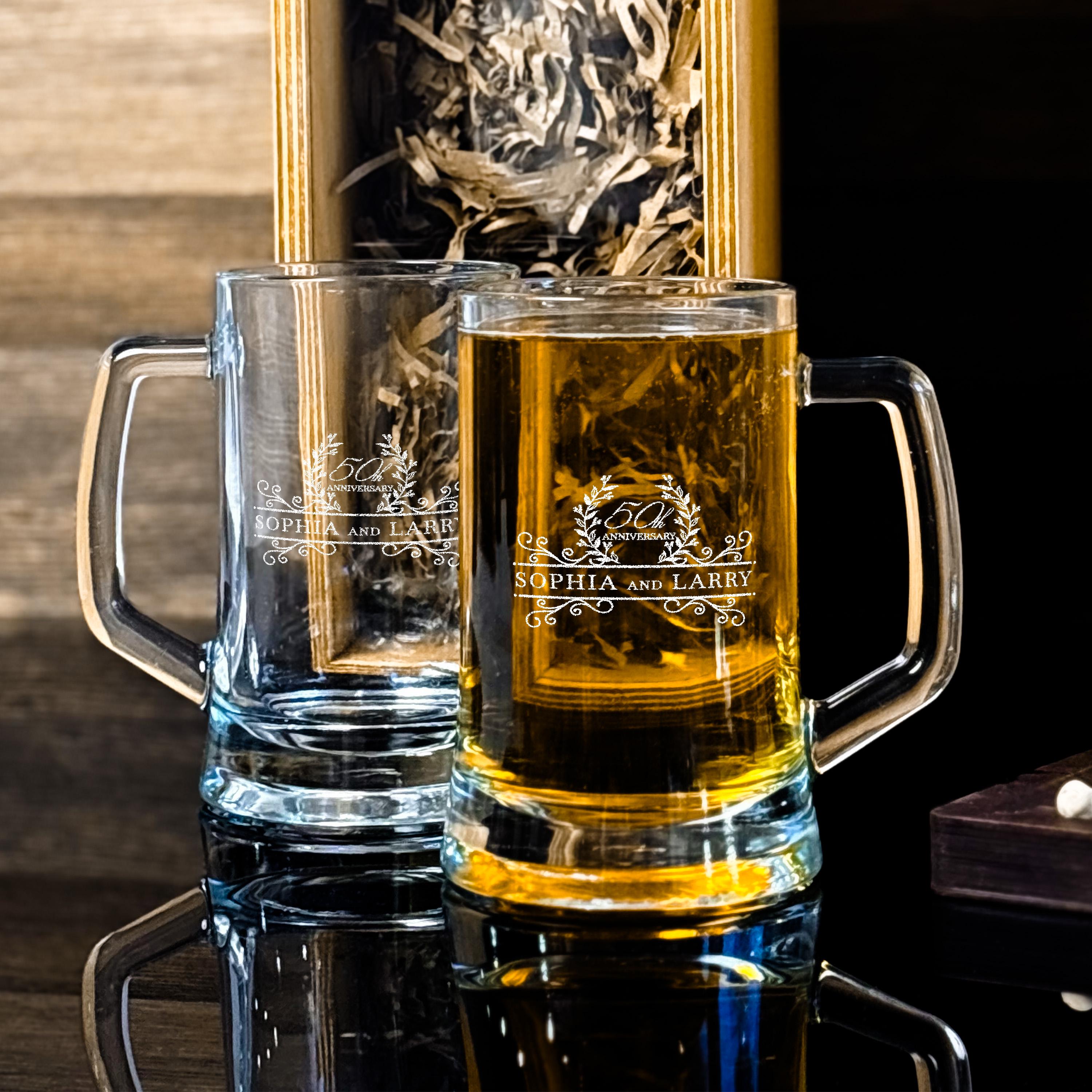 Engraved Beer Glass Wedding Gift with Handle Wooden Gift Box Personalized Mug