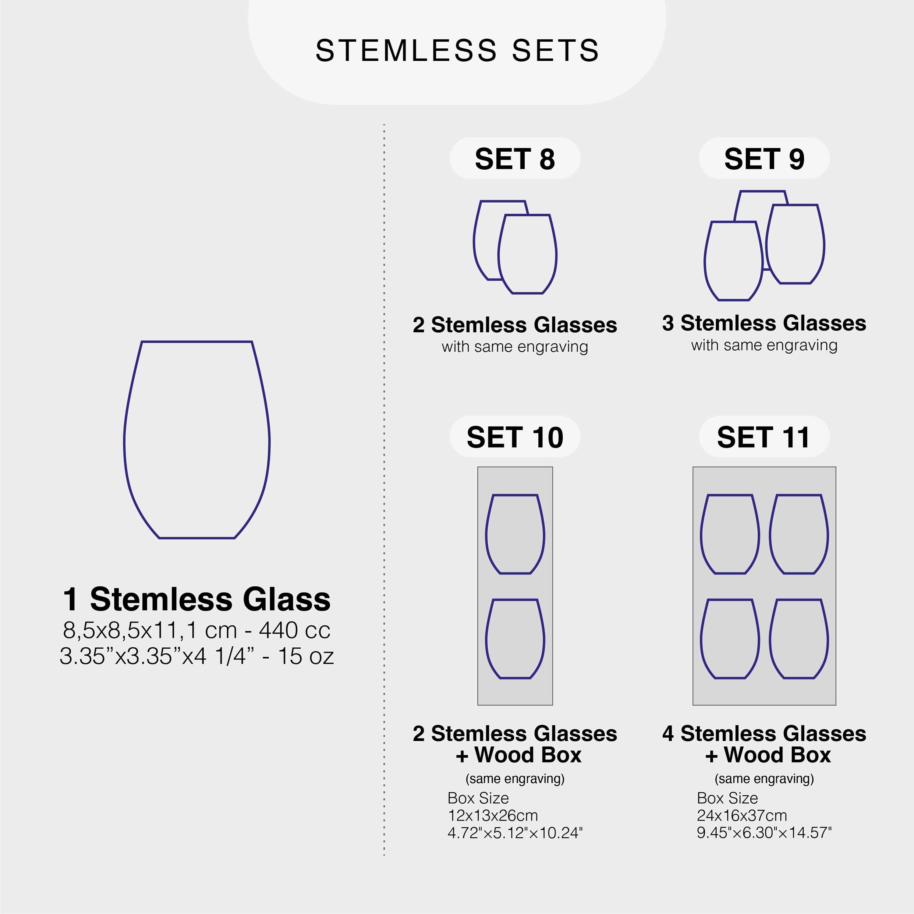 a collection of stemless glasses, including a set of 10 glasses and a set of 11 glasses, each with different engraving and box sizes.