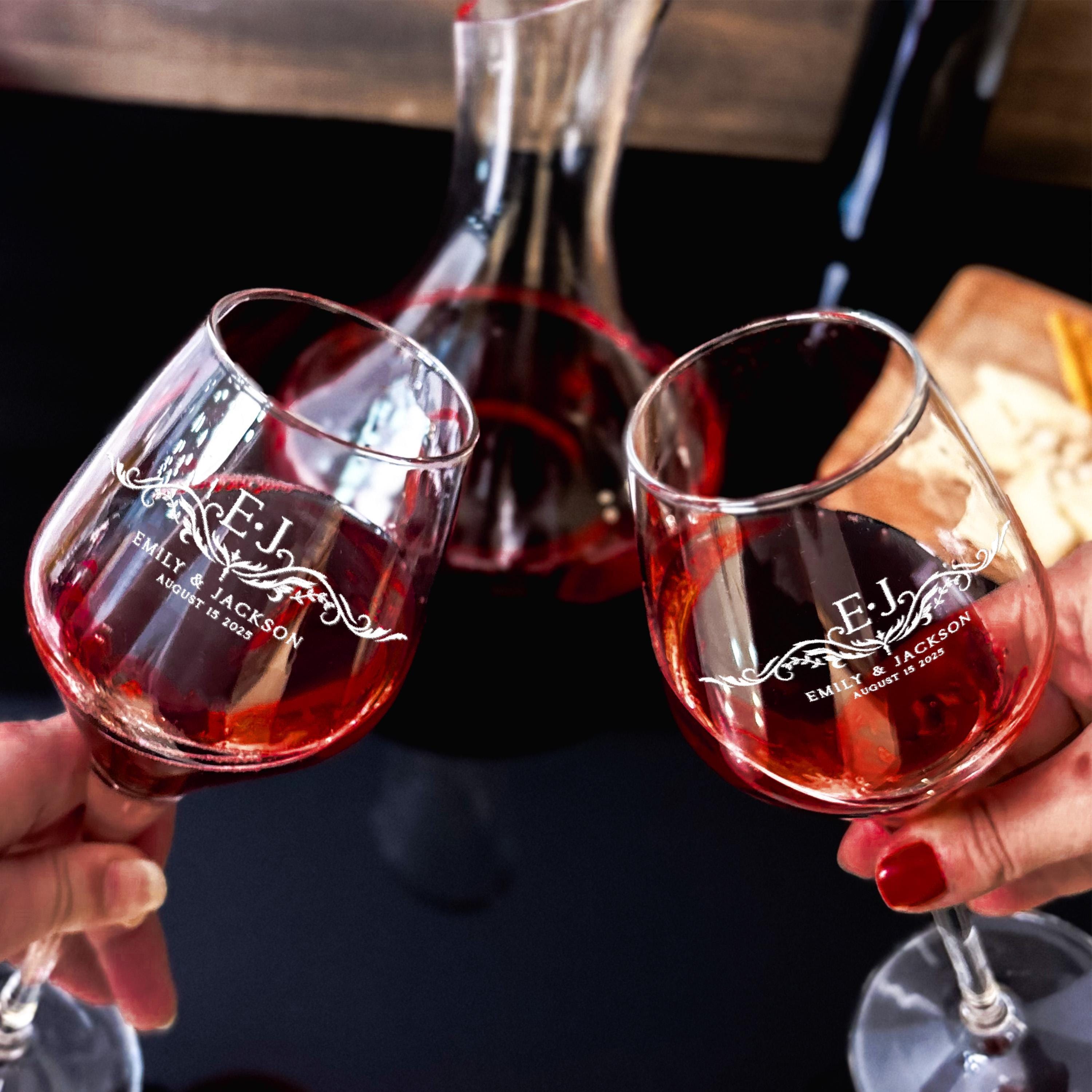 Wedding Wine Decanter Set Elegant Custom Engraved Stemless Wine Glass Set