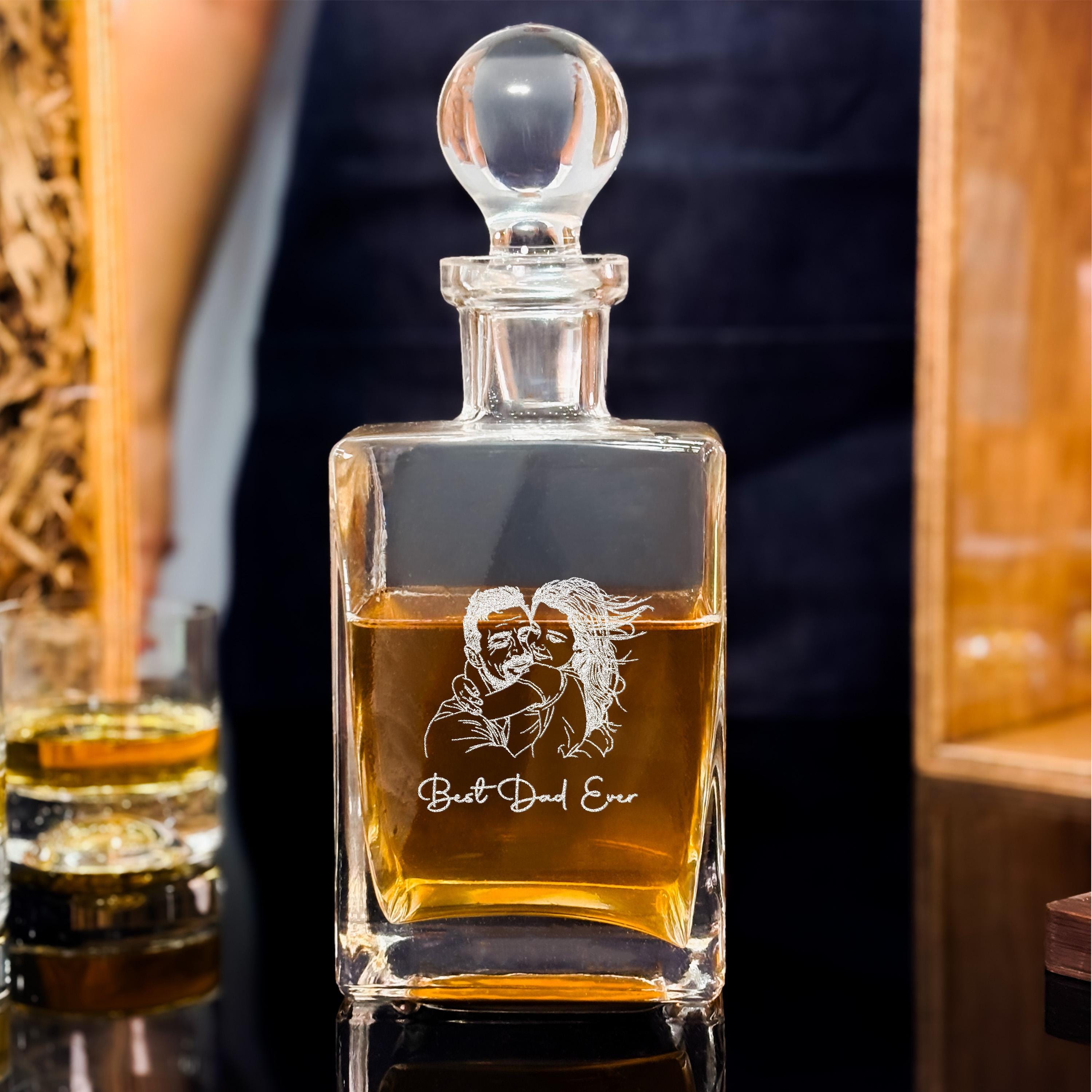 Engraved Whiskey Decanter With Personalized Bourbon Glasses And Custom Wood Gift Box For Dad Birthday Gift Idea