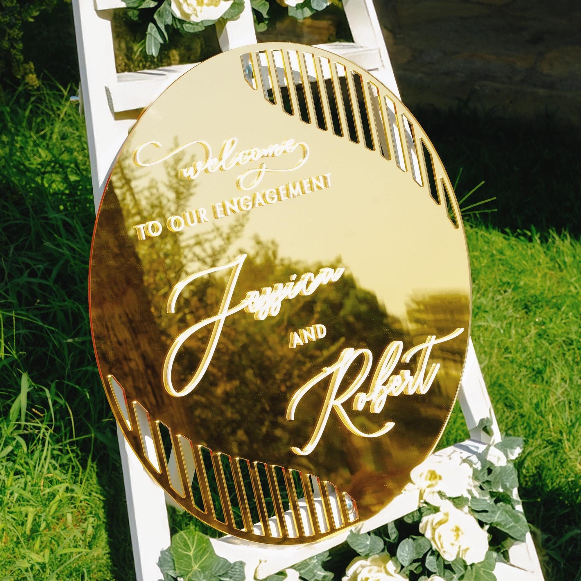 gold mirror engagement sign decor, square wedding welcome sign,