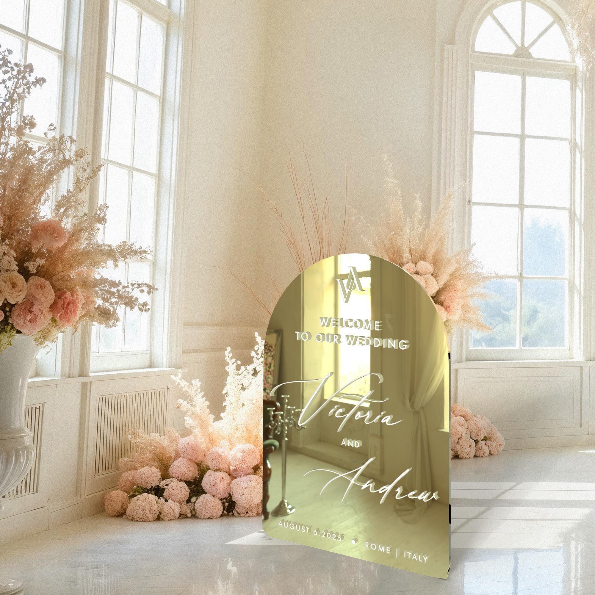 Acrylic Gold Mirror Wedding Welcome Sign with 3D cut out handwriting white names as elegant modern boho wedding decor